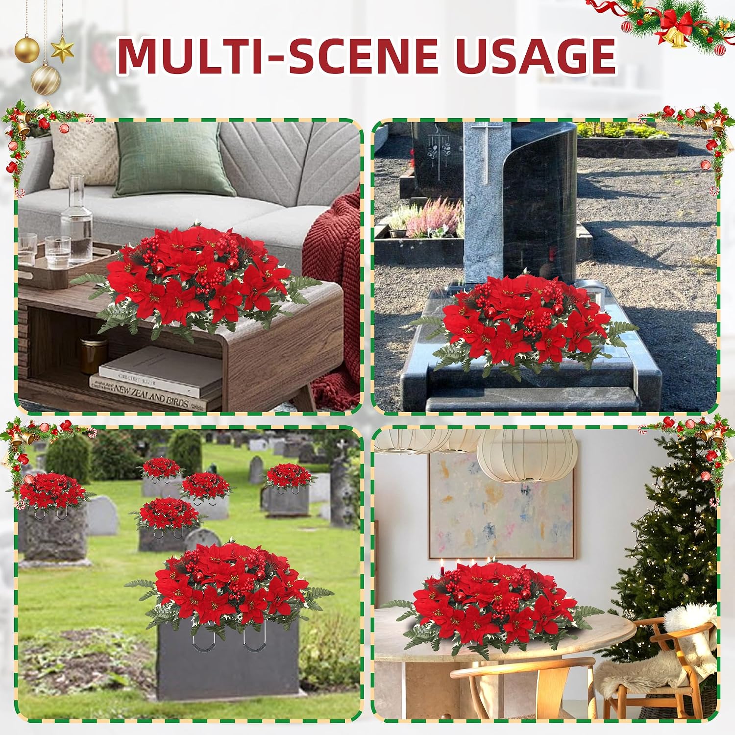 Lodou Christmas Cemetery Flowers Saddle - Red Poinsettias & Berries Plastic Grave Memorial Decor, Fade-Resistant for 60-90 Days, Weatherproof (Red)