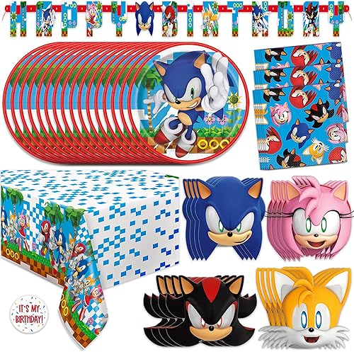 Sonic Birthday Party Decorations for 16 | Banner, Tablecloth, Plates and Napkins, Masks, Sticker | Sonic Party Decorations | Officially Licensed