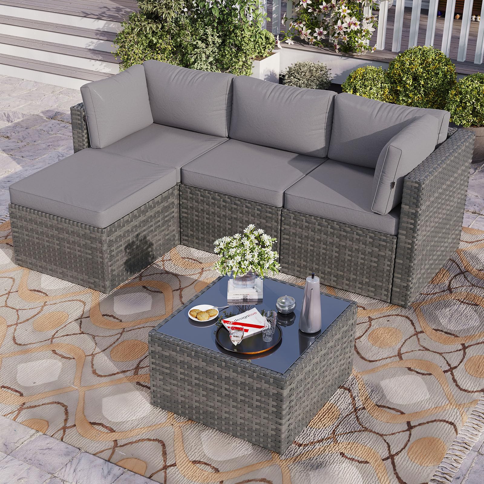 Aoxun Gartenlounge Polyrattan 3-teilig mit dicken Kissen & Glastisch, zusammenhängende Dreiersitzbank mit multifunktionalem Einzelelement, wetterfestes Terrassenmöbel für Balkon Garten