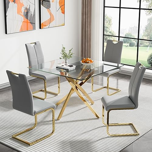 Miniatura 31 de Juego de 4 mesas de comedor modernas de 5 piezas, mesas de comedor redondas de vidrio templado de 36 pulgadas y 4 sillas de comedor negras de cuero,