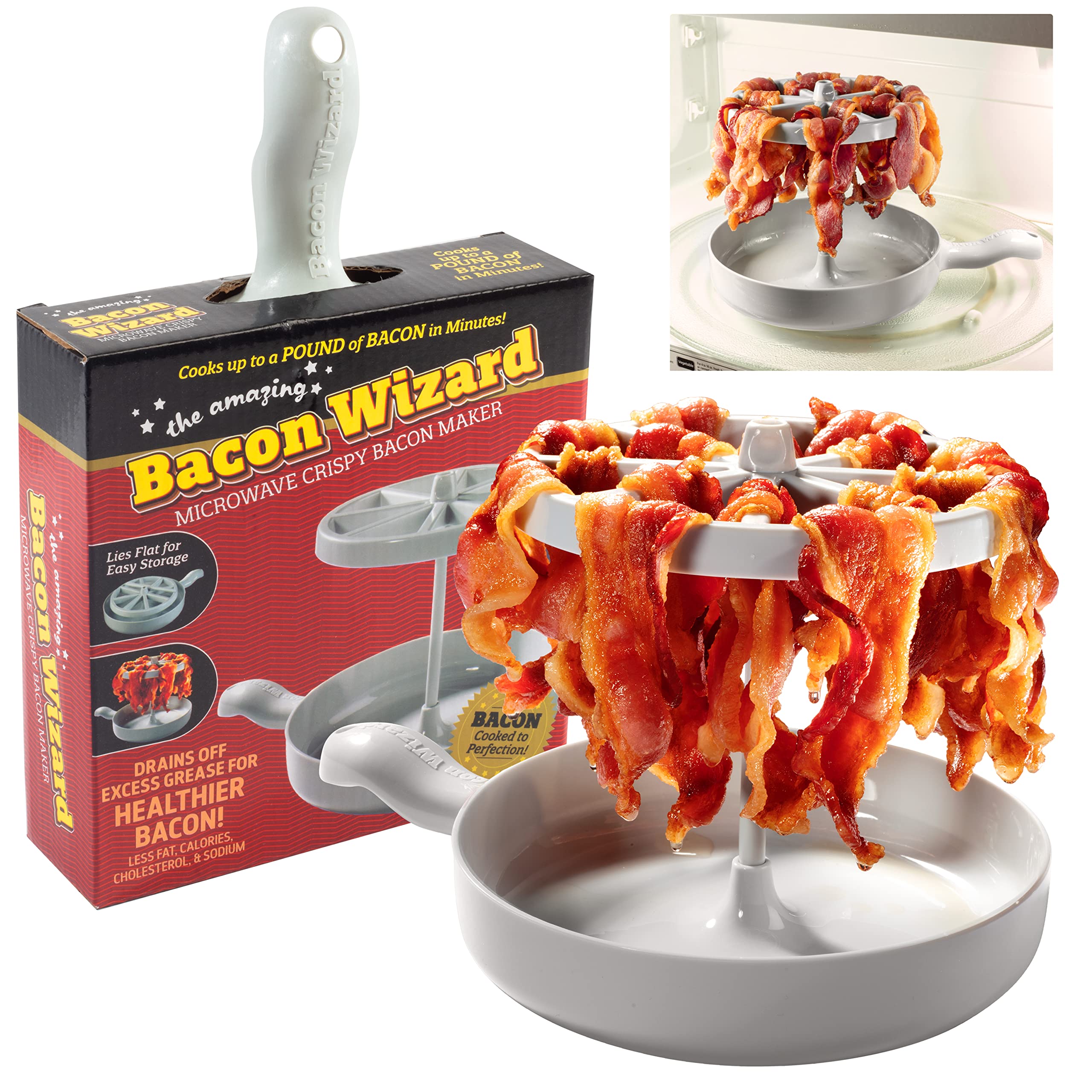 Microwave Bacon Cooker - Bacon Wizard Cooks 1LB of Bacon and Reduces Fat by 40% - Crispier, Healthier, Quicker Bacon Every time - Grease Catcher Makes Clean Up Easy- Ideal for Fun Holiday Recipes