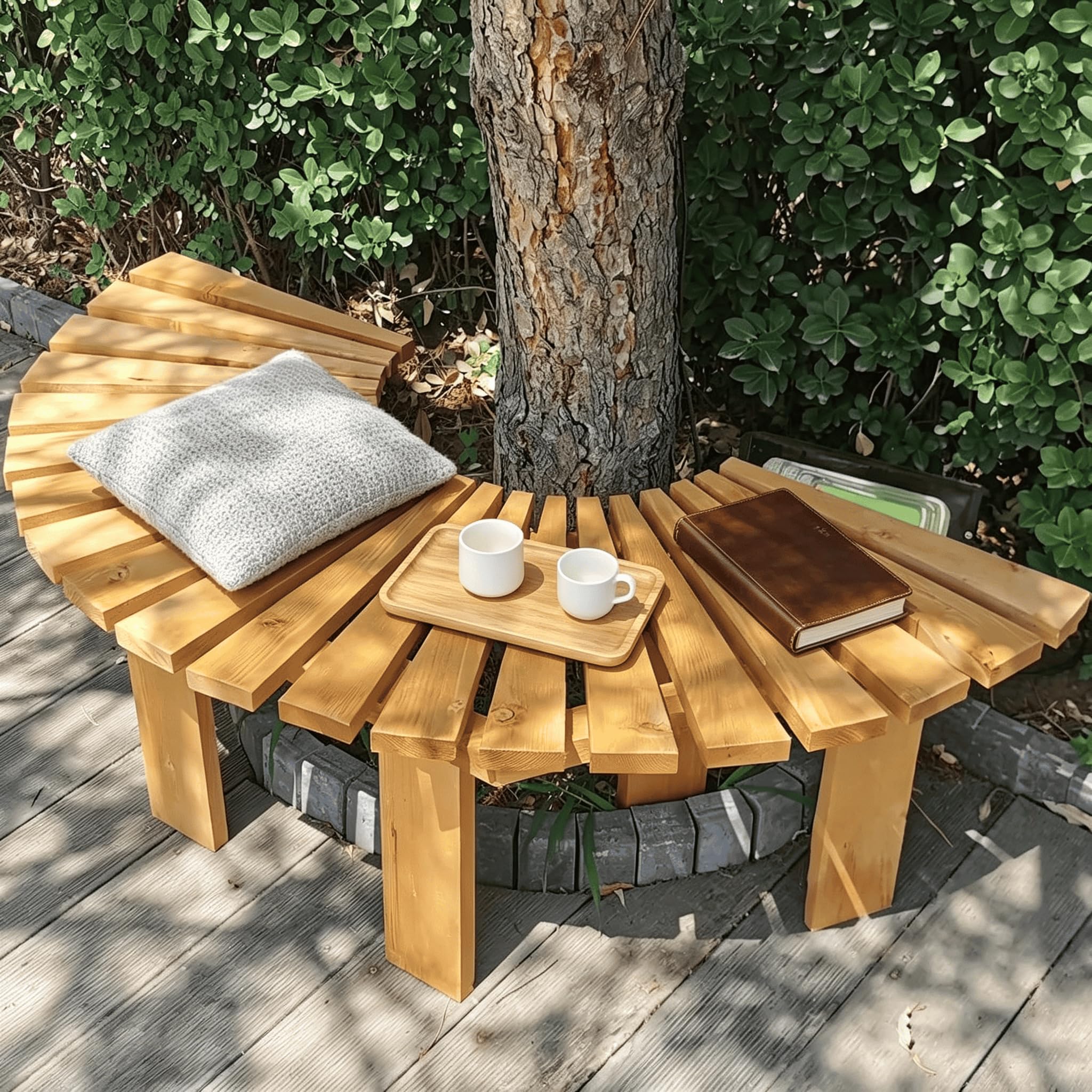 Solid Wood Wrap Around Semi-Circular Tree Bench, Multi-function Weatherproof Outdoor Rack & Seat Perfect for Backyard, Patio and Garden Decoration,Natural,Half Round