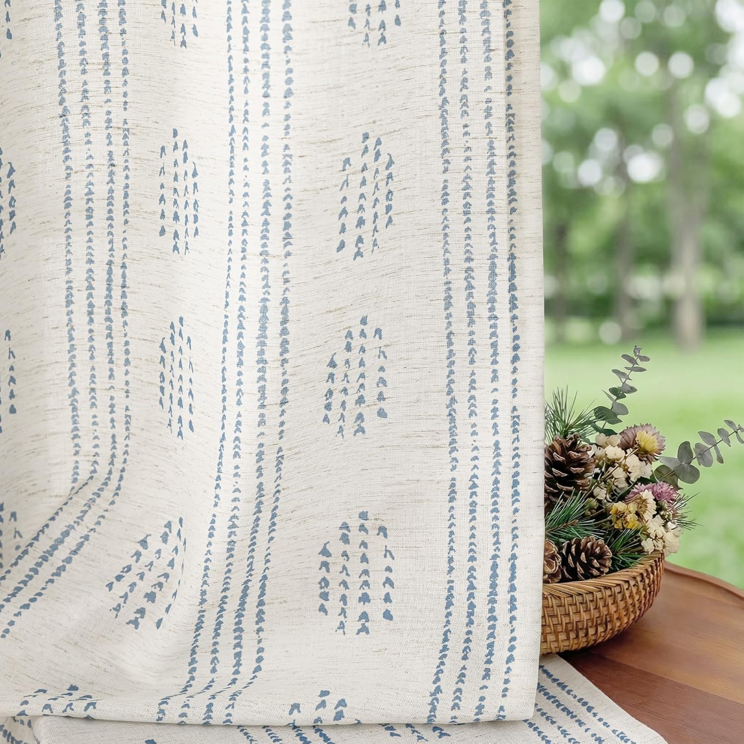 Boho Curtains for Bedroom Living Room Blue Farmhouse Boho Curtains 84 Inches Long Geometric Striped Patterned Mudcloth Grommet Top Light Filtering Window Drapes 2 Panels Blue on Beige