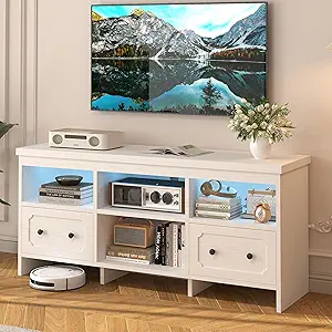 IRONCK TV Stand for 65 Inch TV, 55" LED Entertainment Center with Storage Cabinets, Power Outlets and Open Shelf, Media Console TV Cabinet with Drawers for Living Room, White