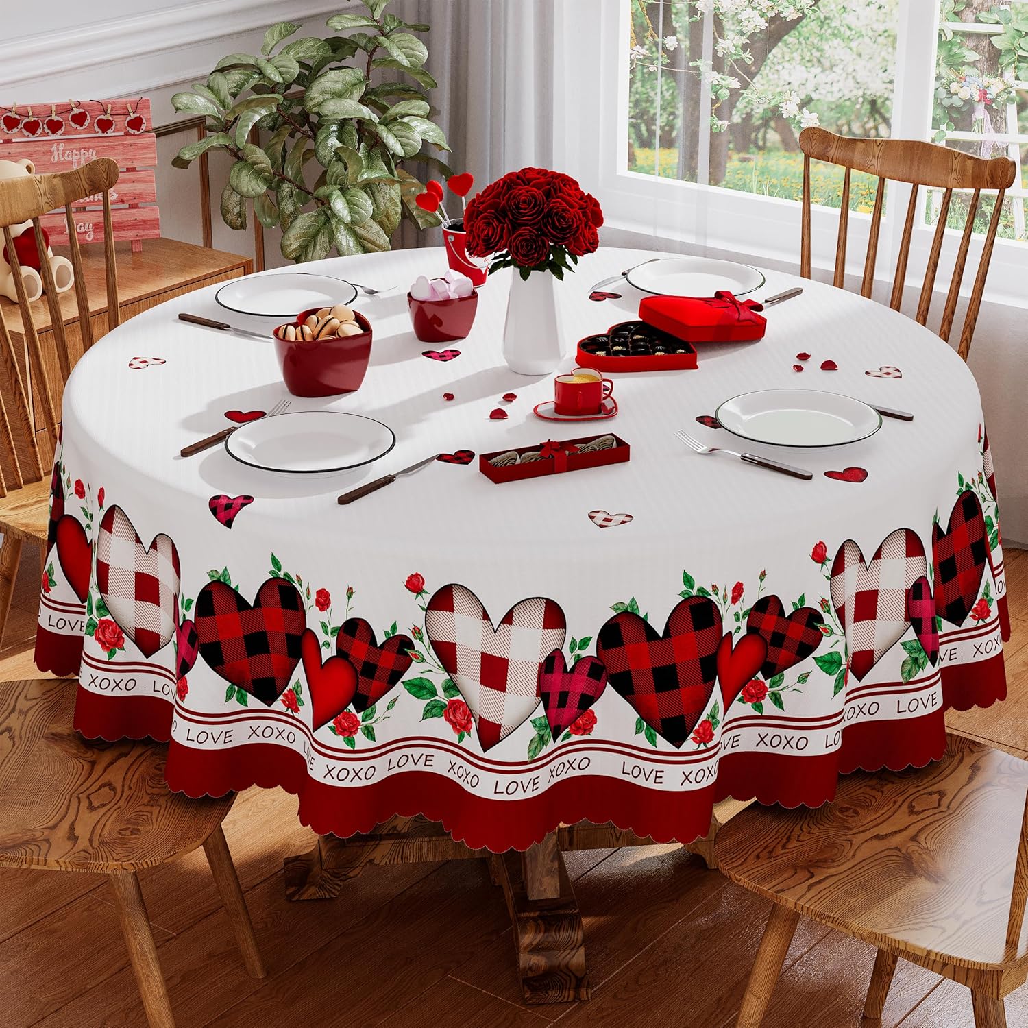 Siilues Round Valentines Tablecloth 70x70 Inch, Washable Red Plaid Love Hearts Valentines Day Tablecloth Waterproof Scalloped Edge Dining Table Cloth Sweet Home Party Decorations