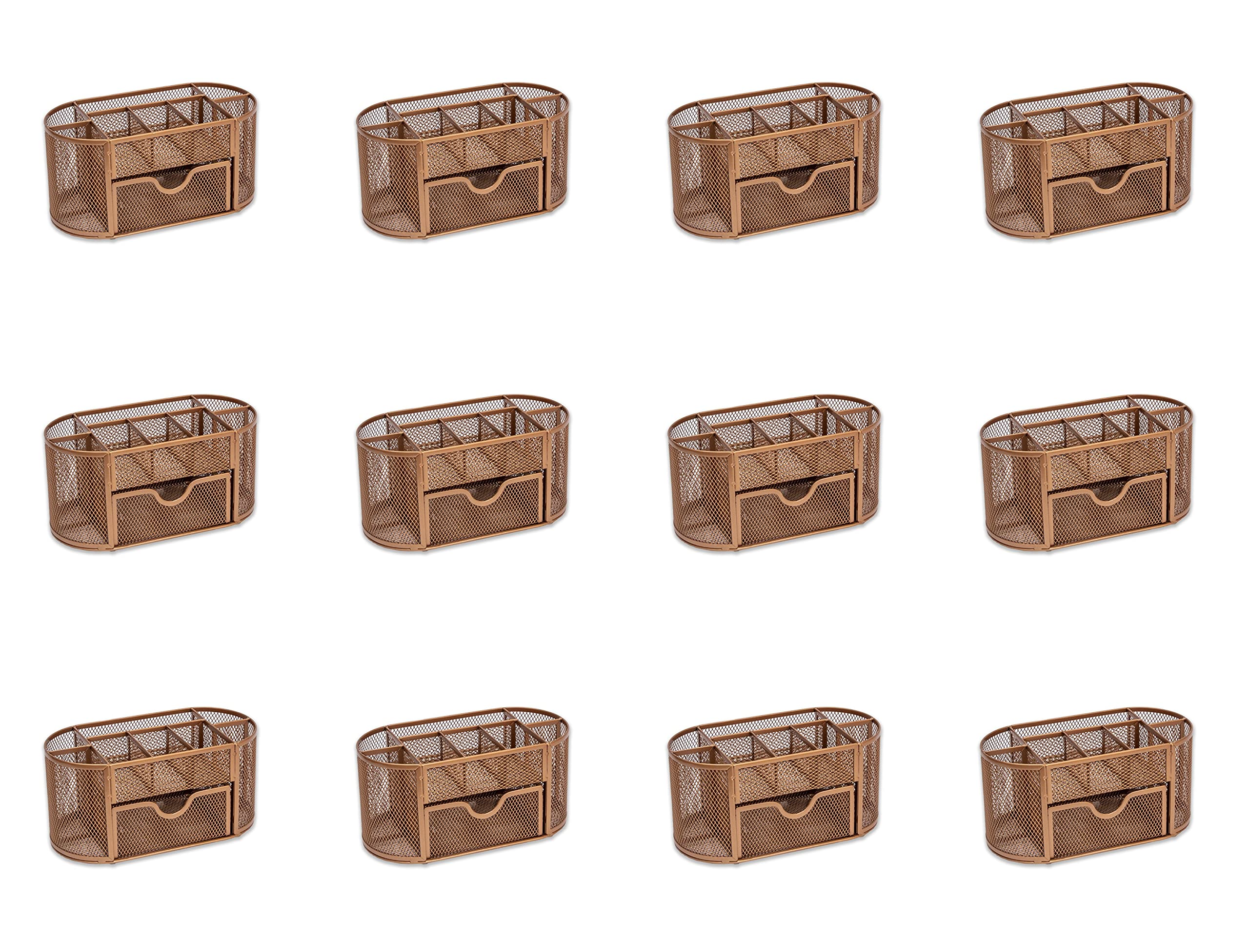 Osco Rosegold Wire-Mesh Desk Organiser With Drawer – 8 Compartment Metal Mesh Desk Tidy & Office Storage Pen Holder For Home, Office, Study, Rulers, Scissors, Smartphone – 12 Pack,