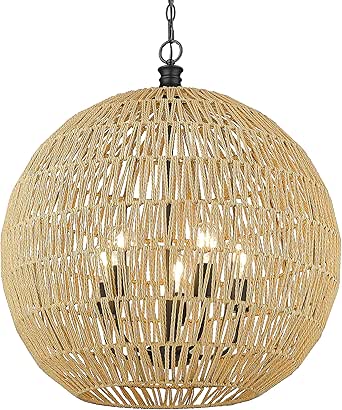 Golden Lighting- Florence 5 Light Pendant Matte Black with Natural Raphia Rope- Pendant Light, Pendant Lighting, Ceiling Light, Pendant Lights, Pendant Lights Kitchen Island