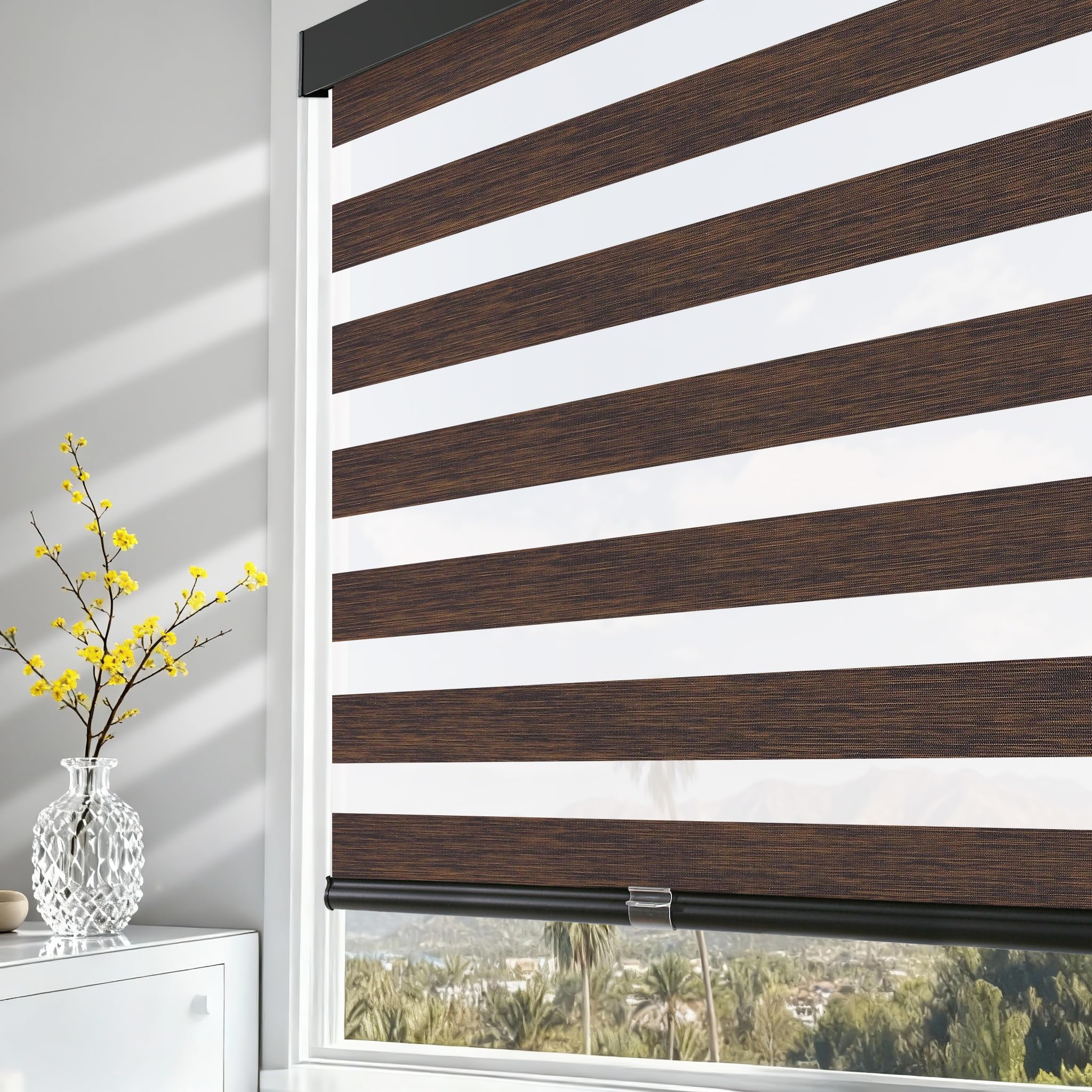 AOSKY Cordless Zebra Blinds for Windows Pull Down Roller Window Shades Dual Layer Light Filtering Privacy for Day and Night, Free-Stop Door Shades for Home Easy to Install Brown 35" W X 72" H