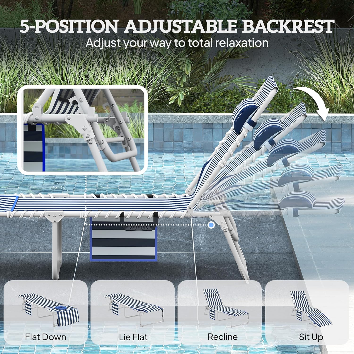 Outsunny Tanning Chair Set of 2 with Face Hole, Side Table, 5-Position Reclining Folding Chaise Lounge Chair Outdoor Lounger Recliner, Carry Straps for Beach Pool Camp, Oxford Fabric, Blue and White