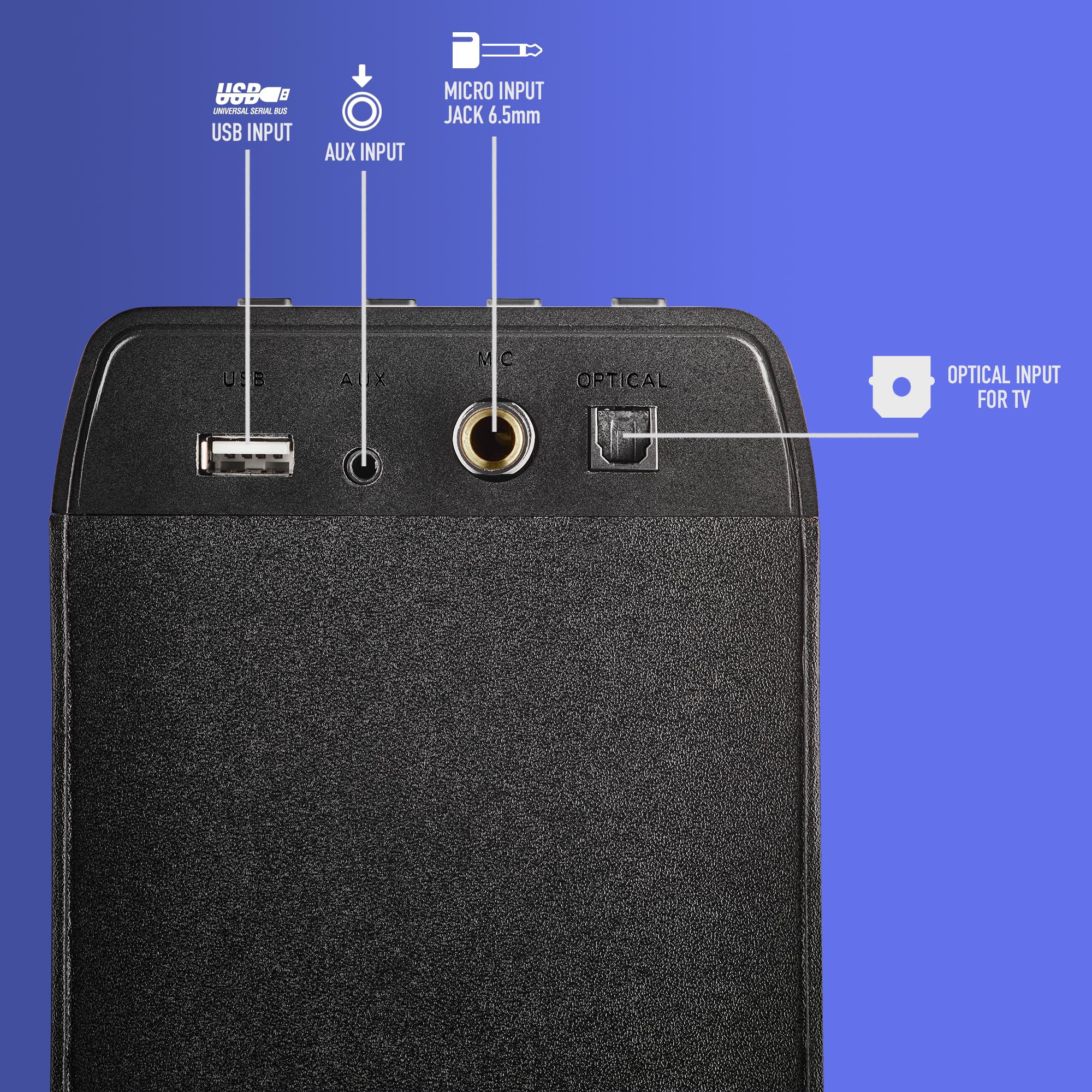 NGS Sky Charm Pro - Tour de Son 50 W avec Bluetooth 5.4, entrée Optique, USB, Entrée Auxiliaire, Radio FM, Fonction de Diffusion, Entrée Microphone Karaoké, Télécommande, Noir