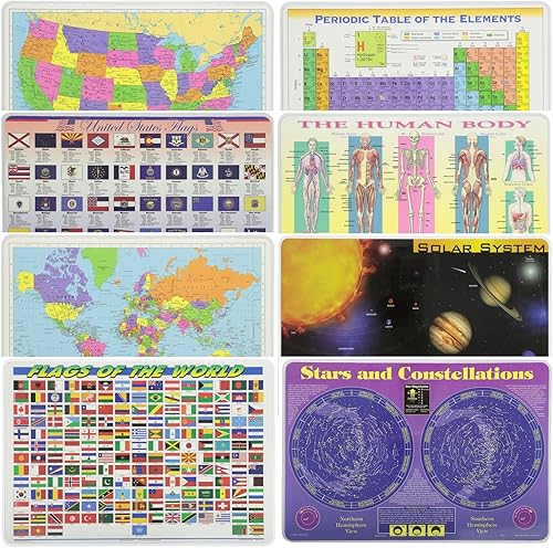 Manteles individuales educativos para niños, mapa de Estados Unidos, banderas de estados, mapa del mundo, banderas del mundo, tabla periódica,