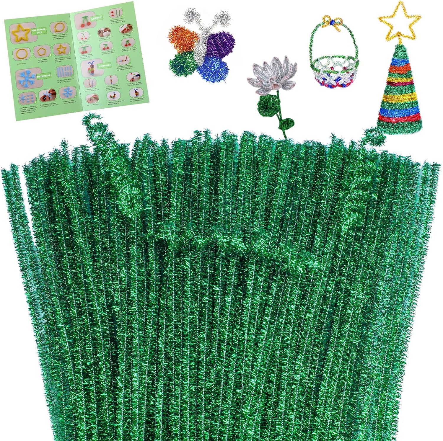 Just Flowers Pipe Cleaner for Craft, Sparkle Chennile Stems for DIY Craft, School Project Work, Christmas Decoration, Fuzzy Sticks Pipe Cleaner (Green, 100 Pcs, 12 Inch Length) 2