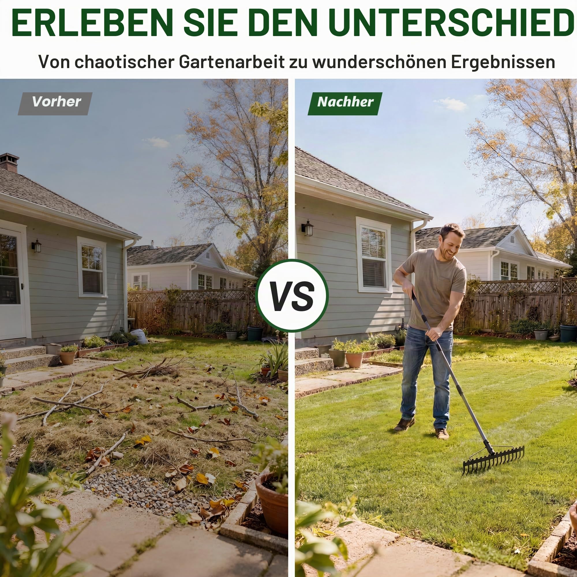 Walensee Garten Rechen, 165cm Metall Rechen , Harke mit 17 Stahlzinken, mit Edelstahlgriff, zum Lockern von Boden und Nivellieren von Rasen,Laubbesen,Rasenrechen, Heurechen für Rasen und Blätter