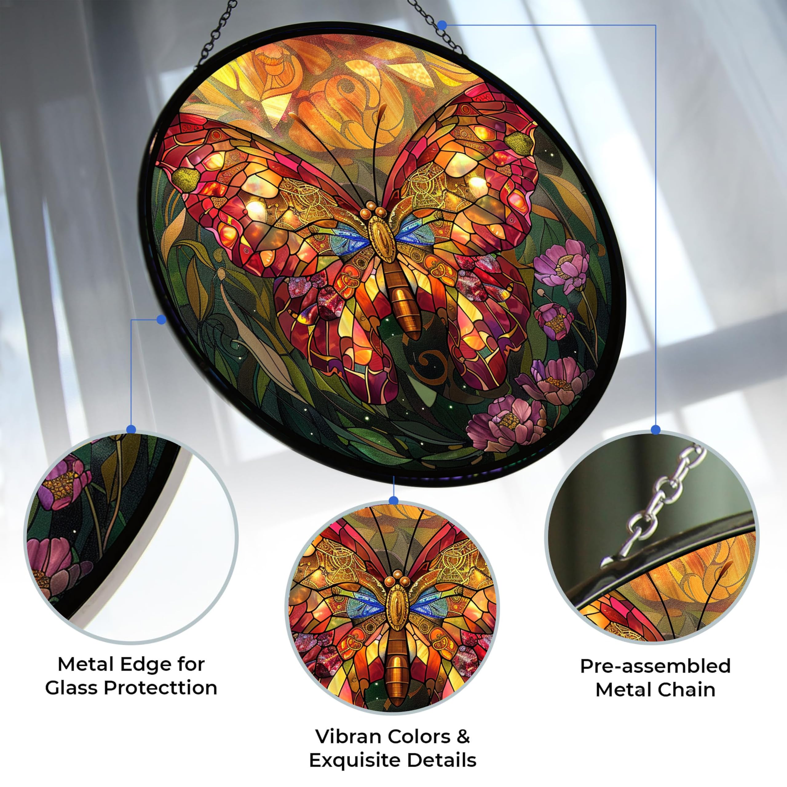 365CUSGIFTS Butterfly Flower Stained Glass Window Hanging Sun Catcher Halloween Haning Ornament Decoration Christmas Birthday Gifts for Lover and Friends