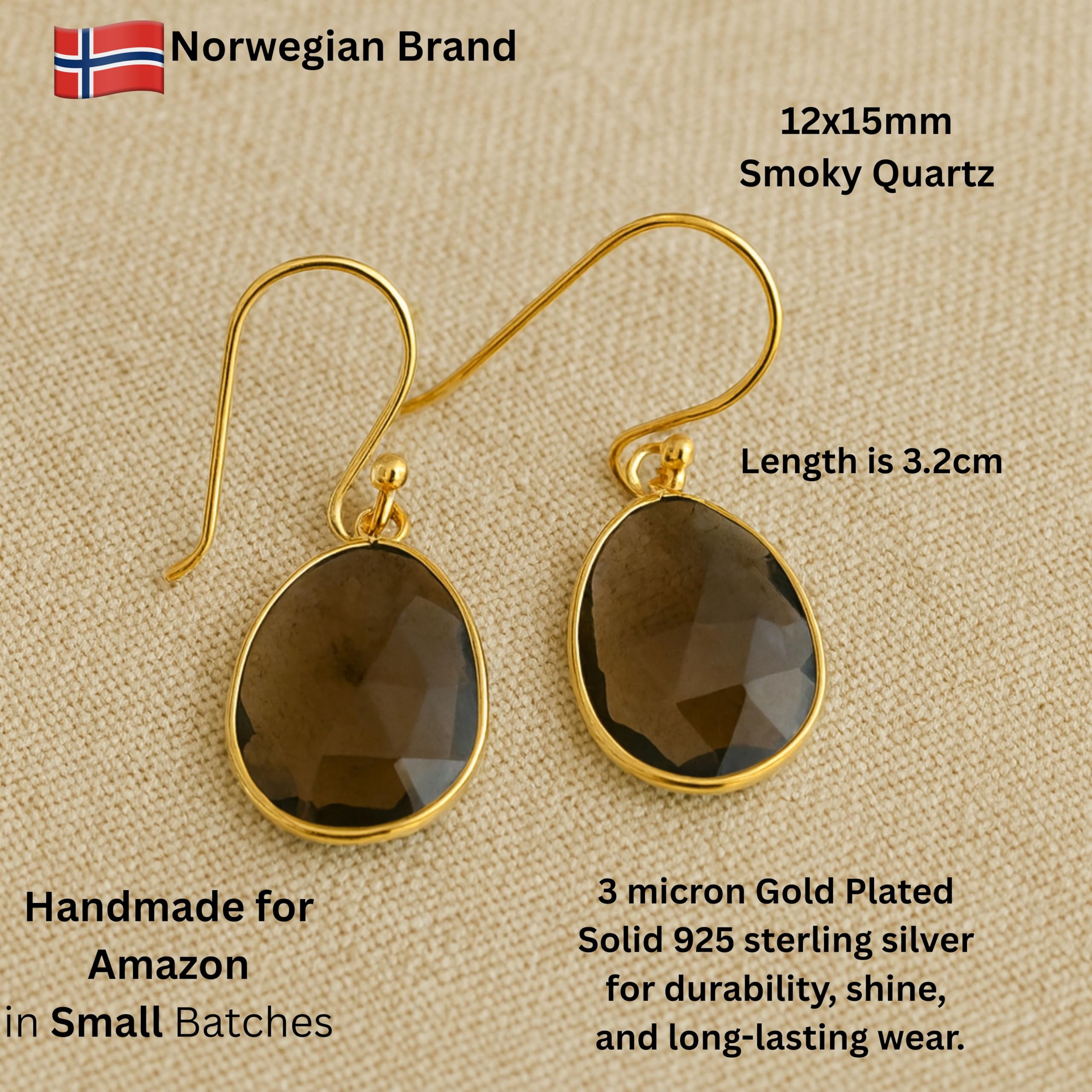 Orecchini Pendenti in Argento Sterling 925 Placcato Oro con Quarzo Fumé Naturale - Design Elegante e Raffinato per Donna - Gemme a Forma Libera Sfaccettate