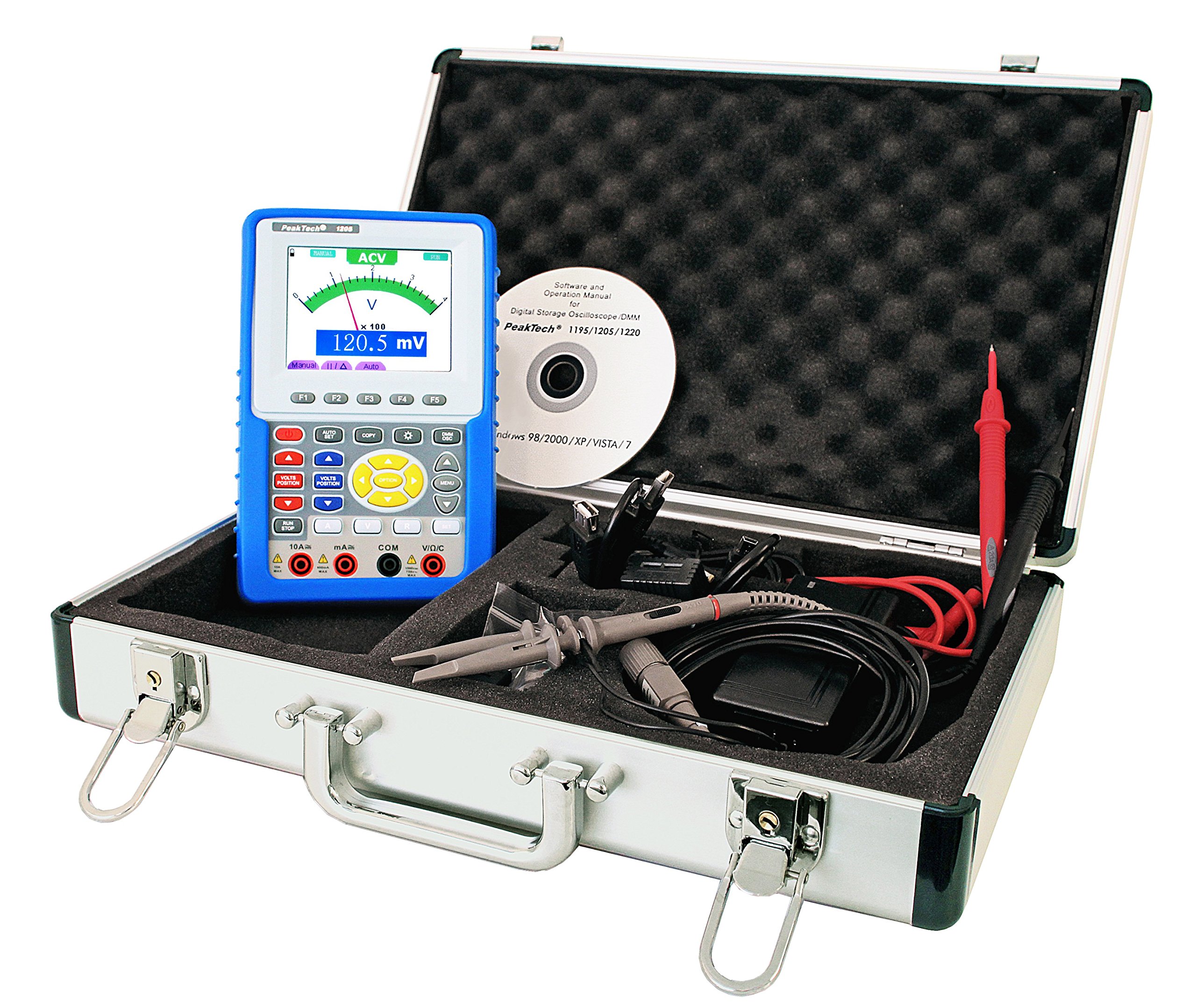 PeakTech 1205 – Oscilloscopio digitale a 2 canali portatile (20 MHz) e Multimetro True RMS (4000 conteggi) con interfaccia USB e schermo a colori da 3,8 ", DSO, Custodia e Accessori
