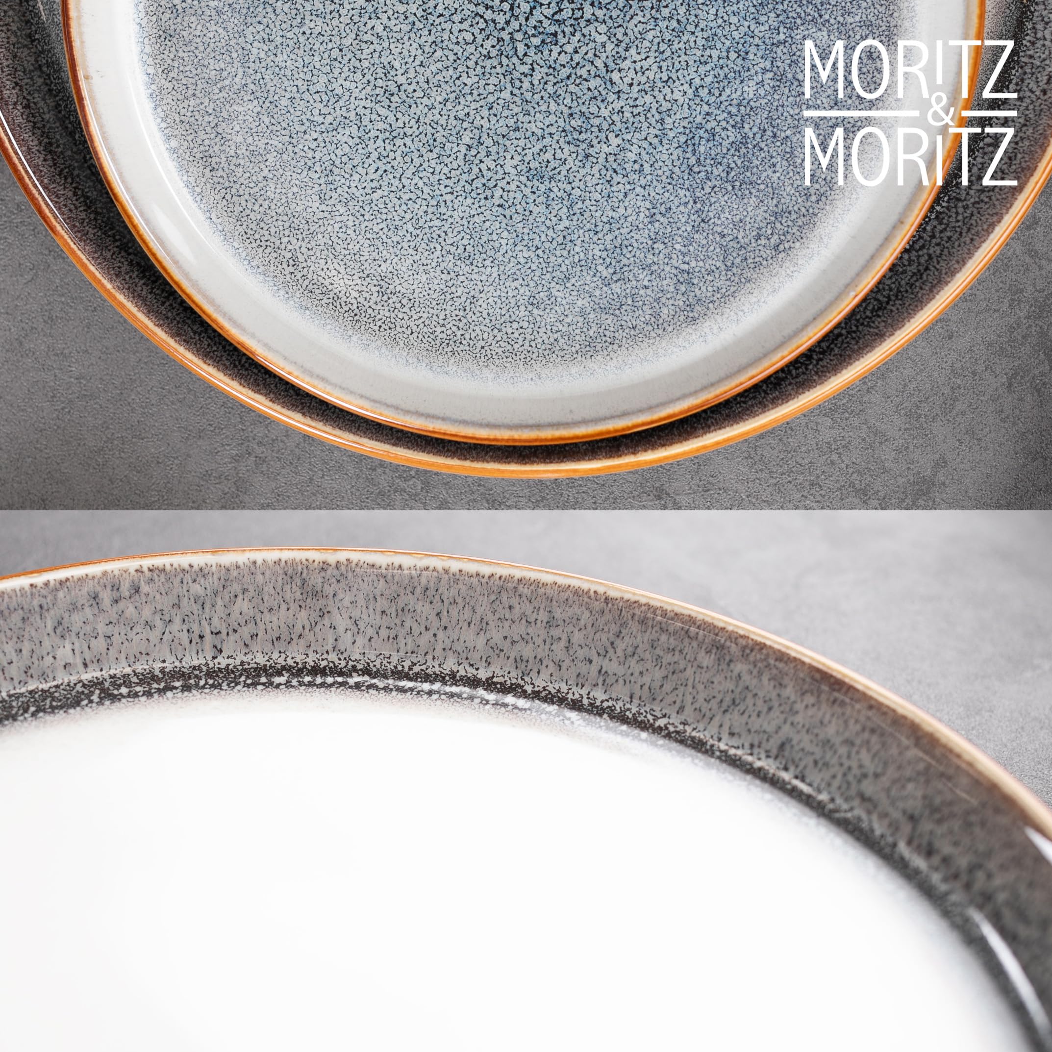 Moritz & Moritz TARENTO 48-tlg. Geschirrset 12 Personen Grau - Elegantes Teller Set aus hochwertigem Steinzeug - Geschirr Set aus 12x Dinnerteller, 12x Dessertteller, 12x Suppenteller & 12x Tassen