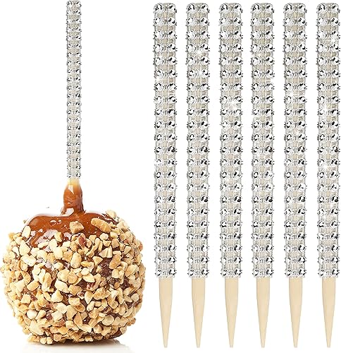32 palitos de bambú de manzana de caramelo brillante, brochetas puntiagudas de madera de manzana caramelo con diamantes de imitación, envoltura de
