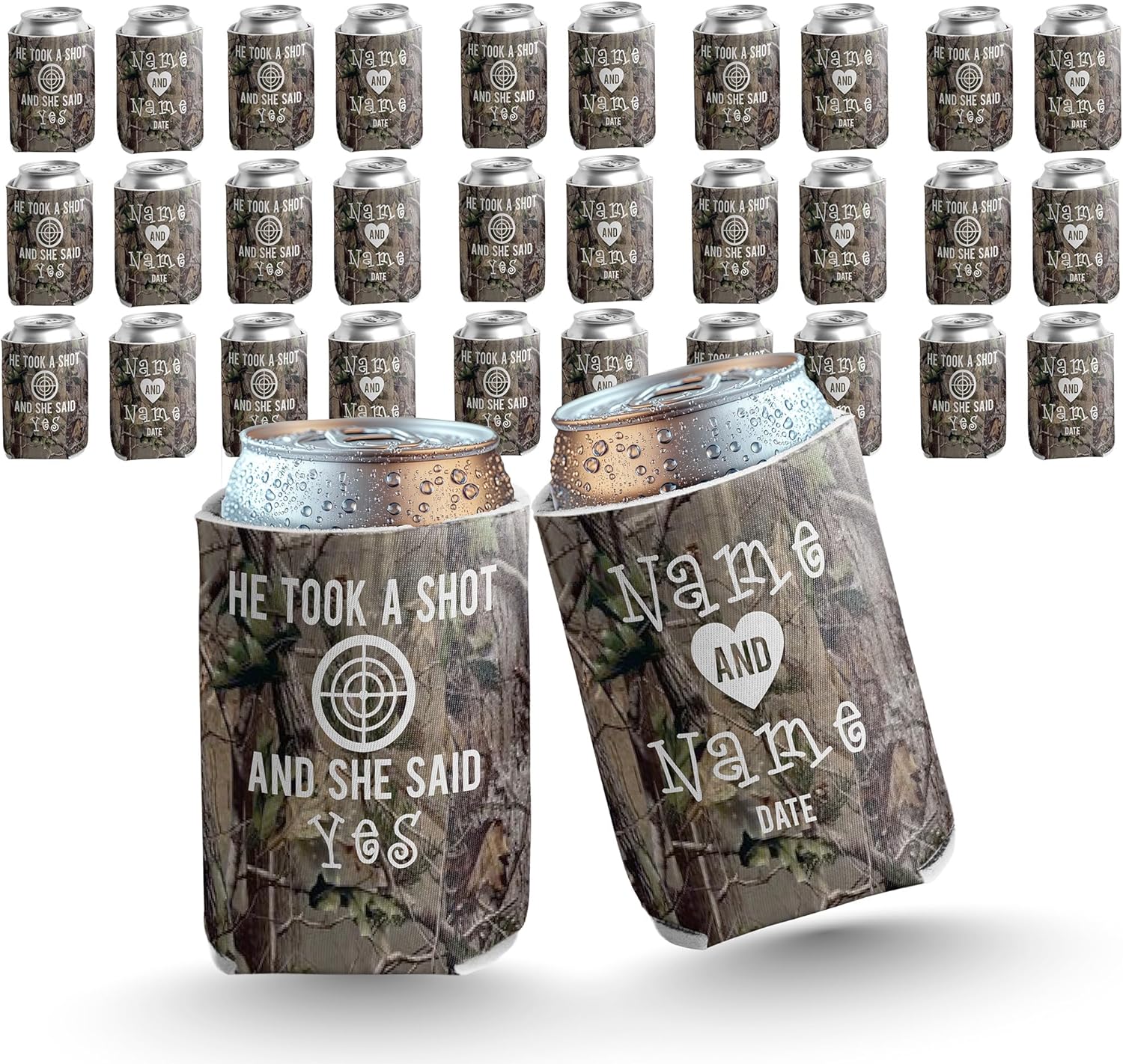 VictoryStore Can and Beverage Coolers: Customizable Camouflage “He Took A Shot” Wedding Can Coolers - 25pc
