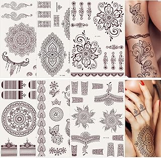 6 Sheets Henna Tattoo, Mandala Flower Temporary Tattoo Stickers for Women, Fake Tattoos Henna Stickers, Waterproof Red Ink Body Art Stickers.