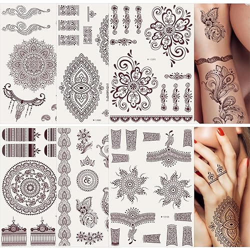 6 hojas de tatuaje de henna, mandala flor temporal tatuaje pegatinas para mujeres, tatuajes falsos calcomanías de henna, calcomanías impermeables de