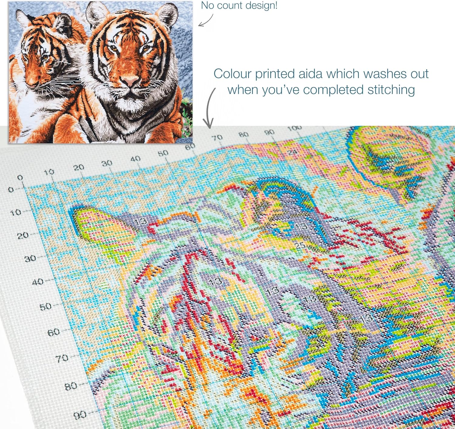 Trimits Printed Cross Stitch Kits - Printed Embroidery Needlecraft for Adults Beginners Kids, Christmas, Gifts, Wall Art, Tiger