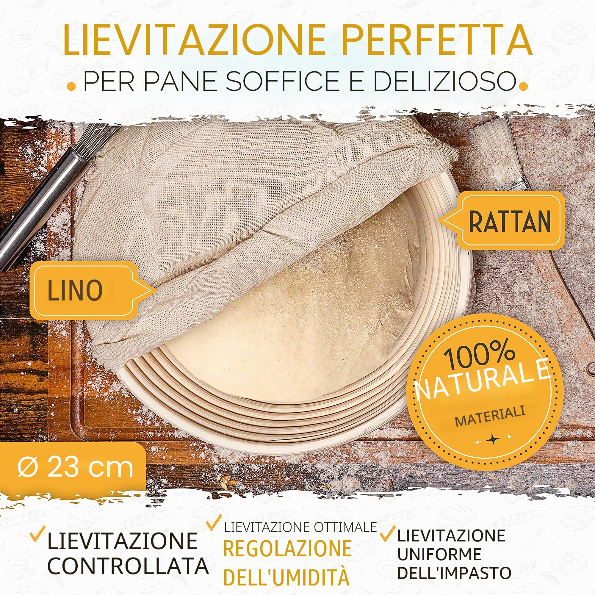 KRUSTENZAUBER Cestino per la lievitazione per il pane + coltello da panetteria, set di 2 cestini e 2 coltelli da pasta, accessori per la cottura, cestino per il pane, teglia per il pane e il pane