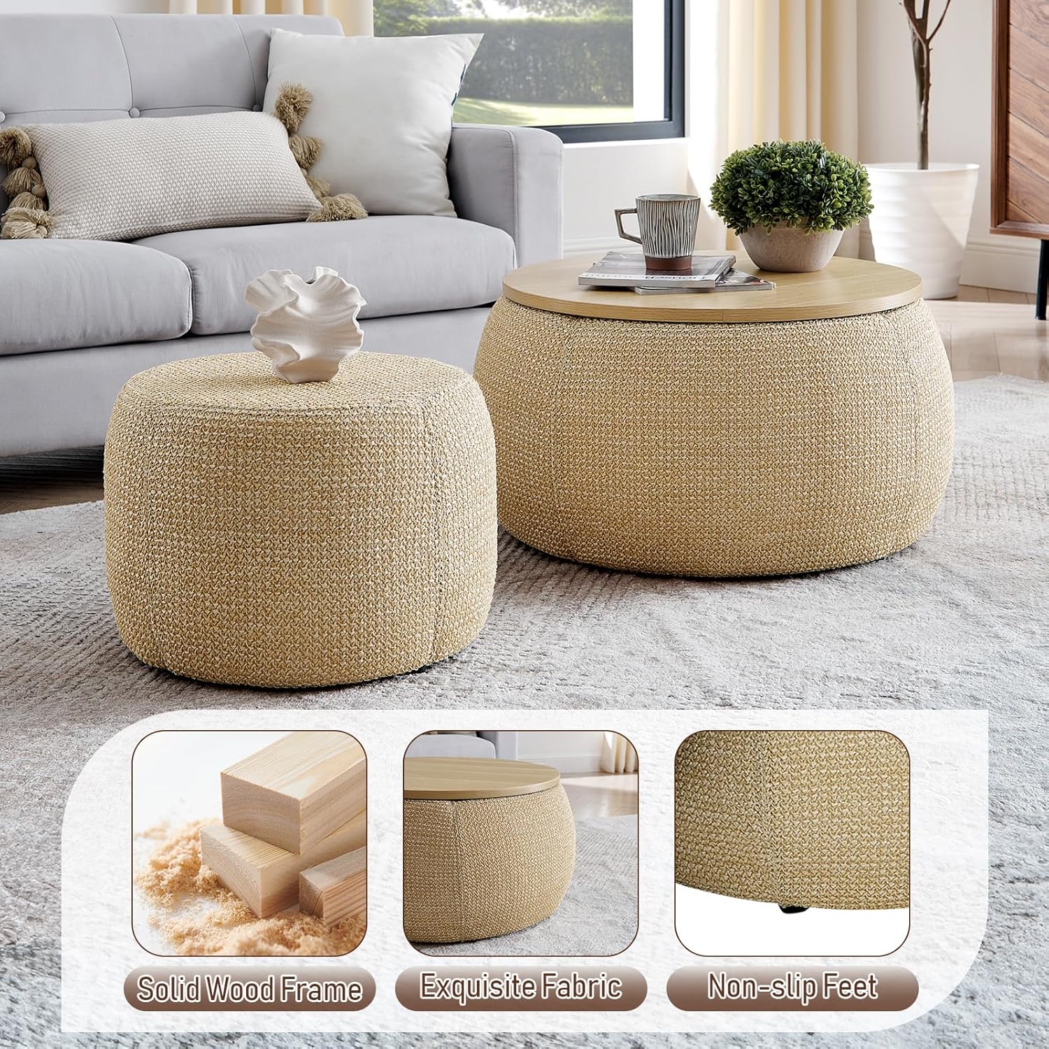 TTK Round Ottoman with Storage Set of 2, 25" Large Upholstered Storage Ottoman Set Coffee Table with Removable Wood Tray, Modern Circle Foot Stool Padded Bench Ottomans for Living Room (Natural)