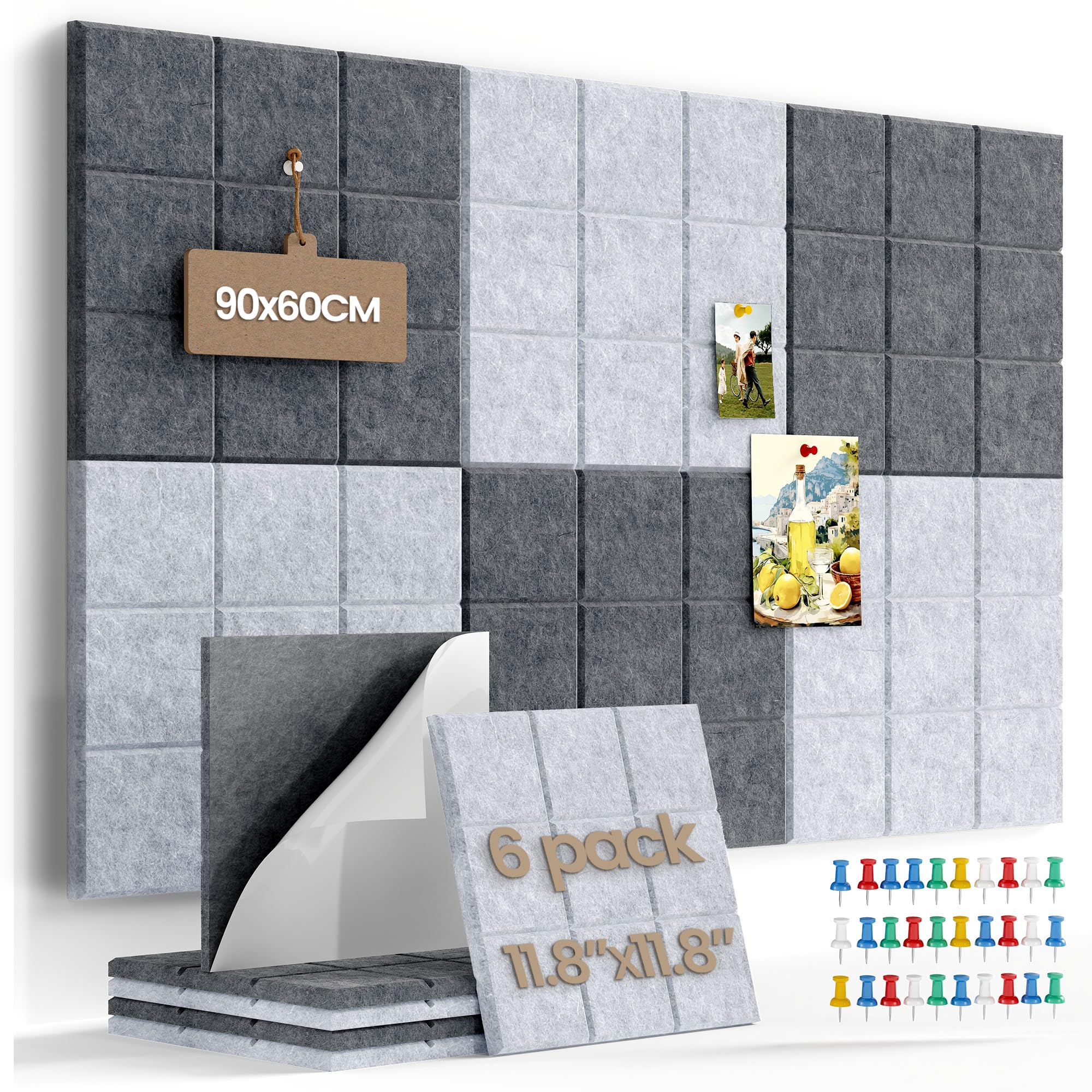 Uoisaiko Large 30x30cm Felt Board Tiles with 30 Pins, Pack of 6 Bulletin Board Notice Boards for Home Office Kitchen, Self Adhesive Pin Board Wall Tiles for Photos Memos