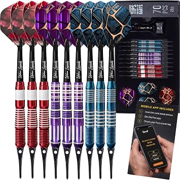 IgnatGames Soft Tip Darts, 9 Pack for Electronic Dartboards, Urban Legends | 16-18g stainless steel, multi-zone grips, 24 GlideXPro flights, 70 spare 2BA tips, magnetic case, Companion App