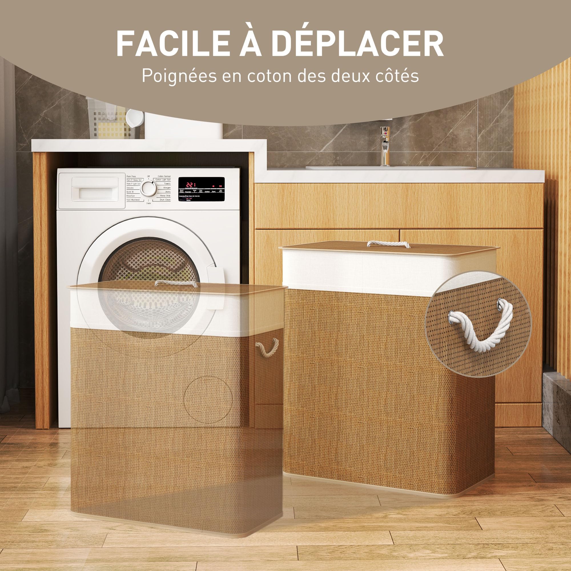 HOMCOM Panier à Linge avec 2 Compartiments 100 L, Corbeille à Linge Sale en Bambou avec Couvercle, Poignées en Corde, Doublure Amovible pour Salle de Bain, Chambre à Coucher, Buanderie, Marron