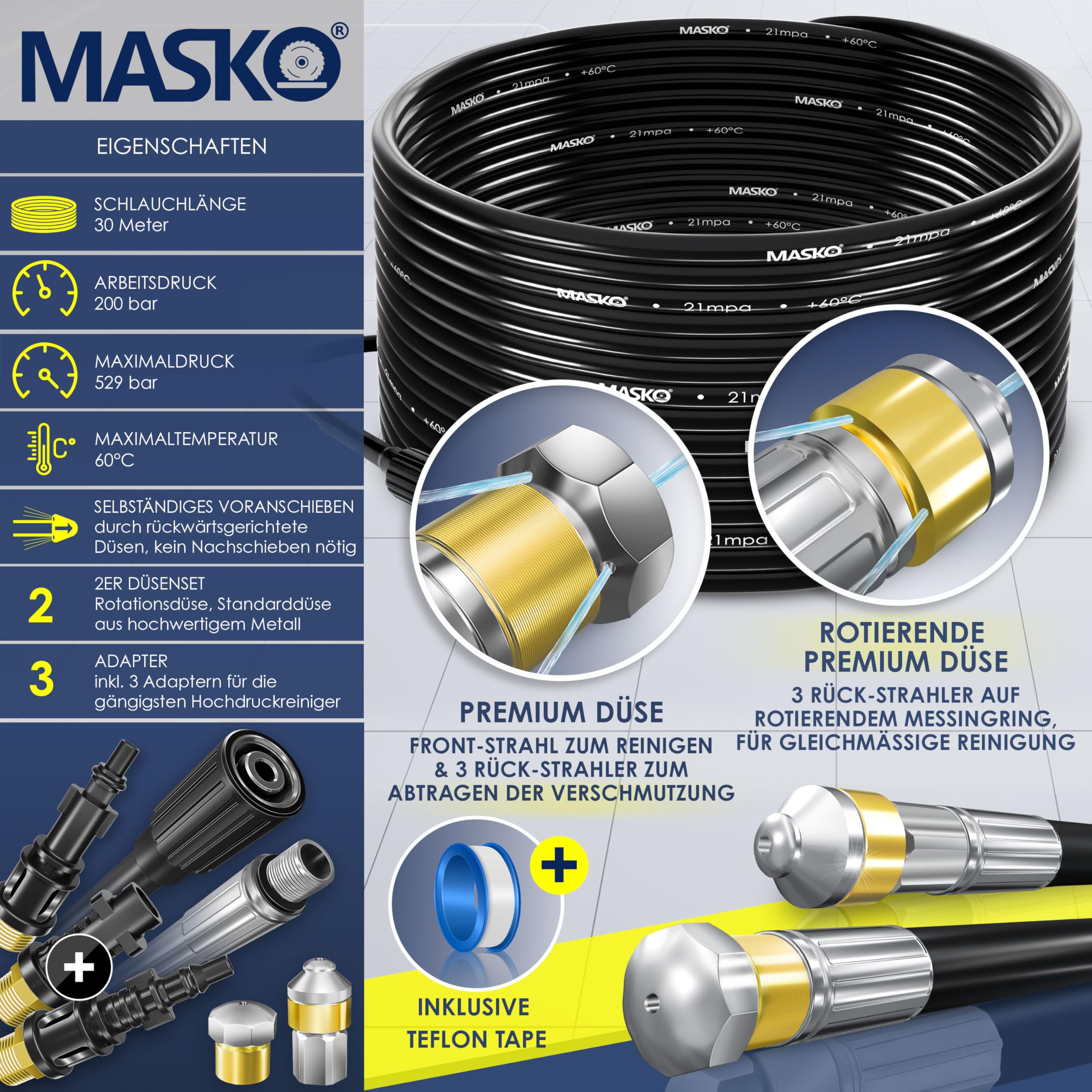 MASKO® Débouche canalisation premium Kit de débouchage 200 bars, sac 3 adaptateurs 2 buses + système rotatif inclus compatible avec le nettoyeur haute pression Kärcher k2-k7 LAVOR kit universel, 30m