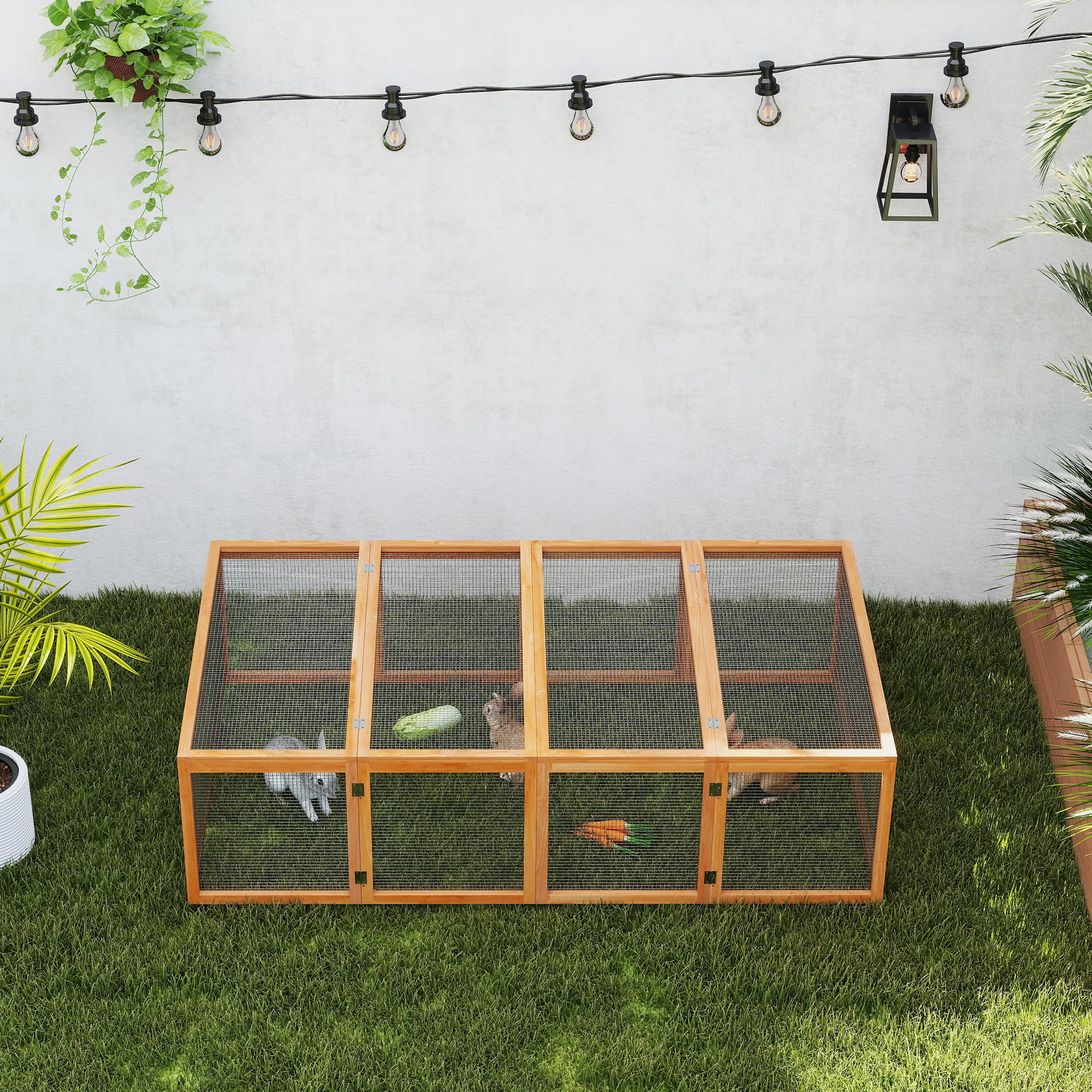 Pawhut Rabbit Run Wooden Rabbit Hutch Cage 6ft with Wire Mesh, Openable Roof, Play Space for Outdoor, 181 x 100 x 48 cm, Natural Wood Finish — view 6