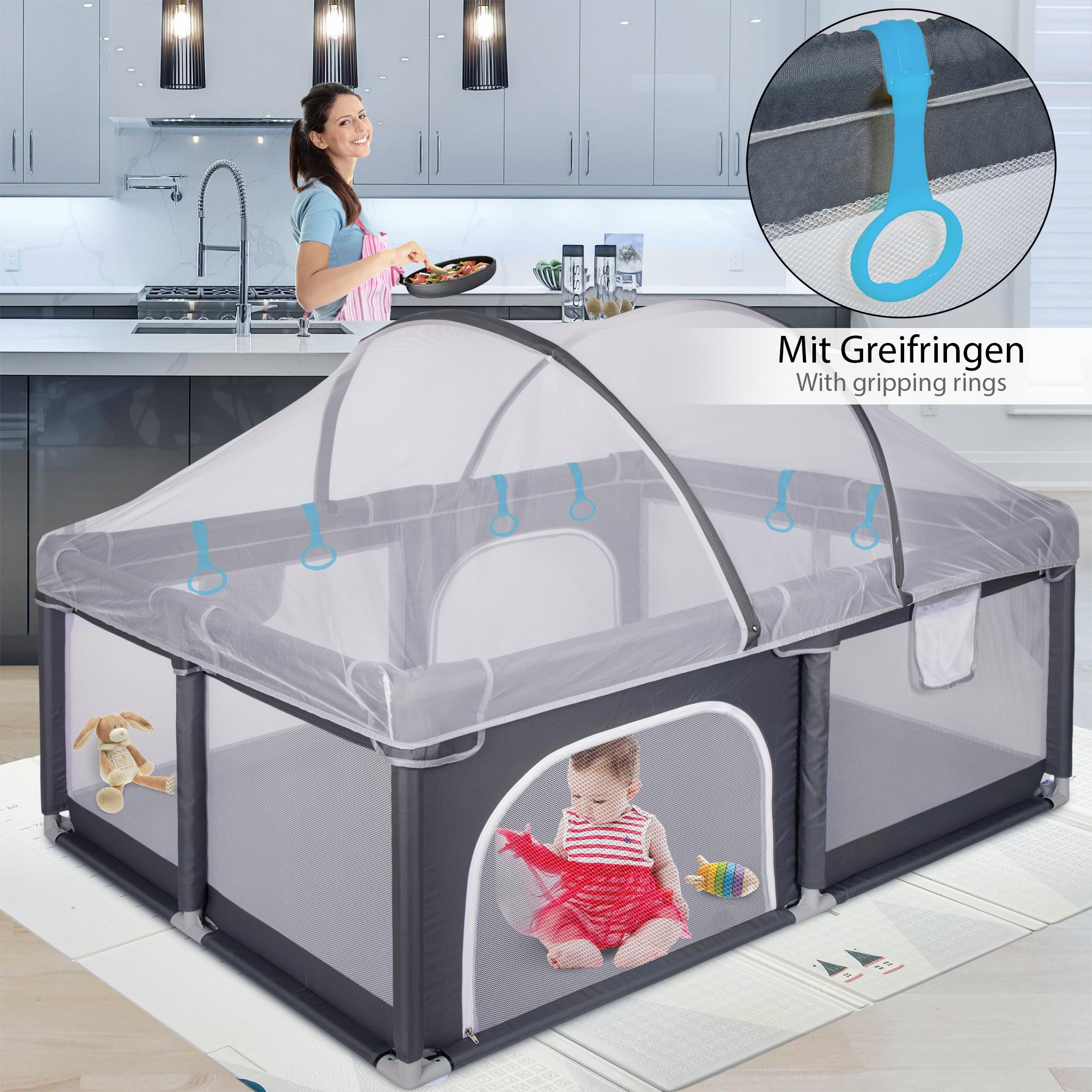 ONVAYA® Laufgitter mit Faltbarer Spielmatte und Insektenschutznetz | Laufstall für Babys 120 x 160 cm | Schutzgitter für Kinder | Rechteckiges Krabbelgitter | Absperrgitter | Babyzaun