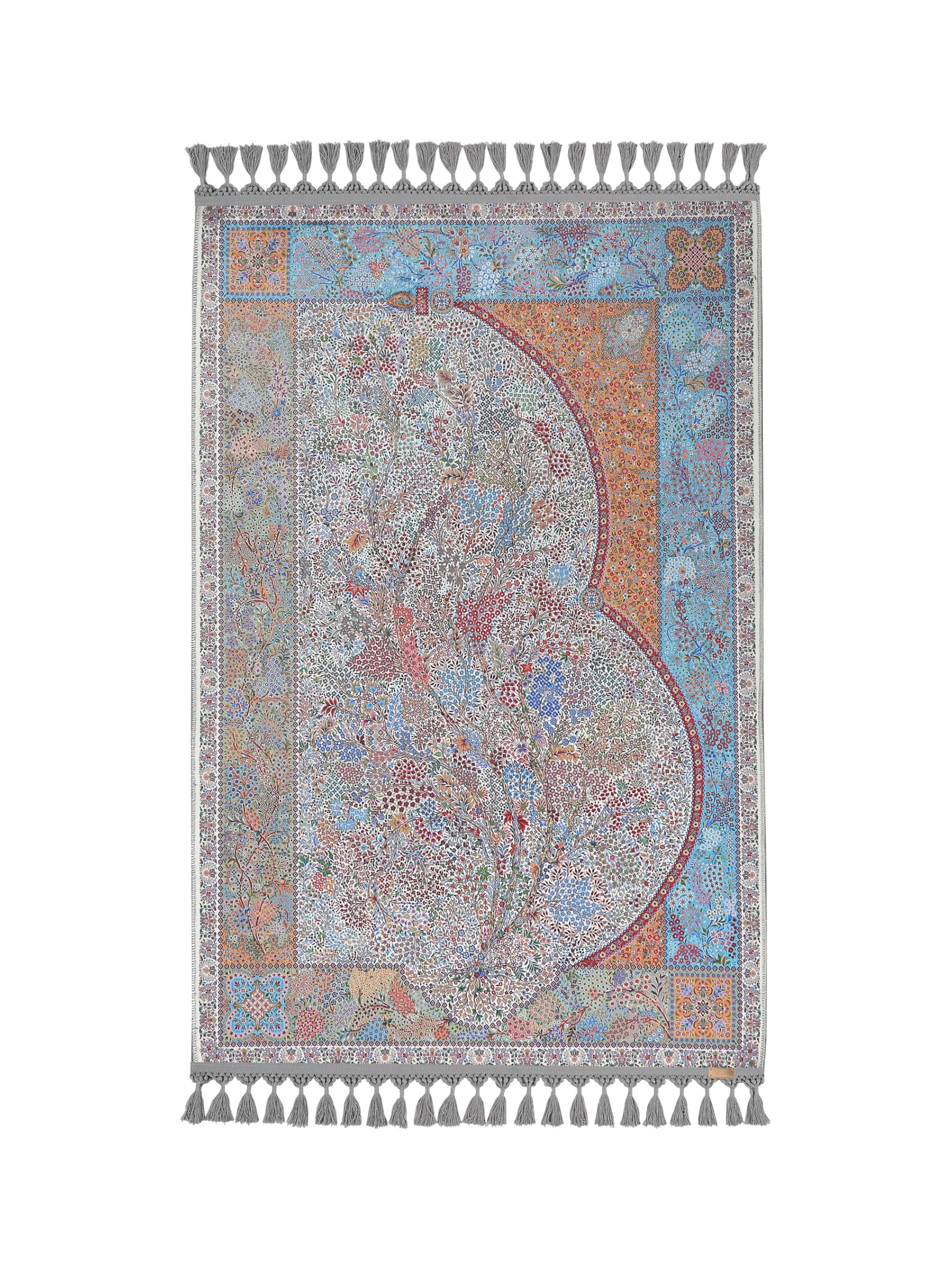 Alfombra turca de oración tradicional gris azul con flecos y flores