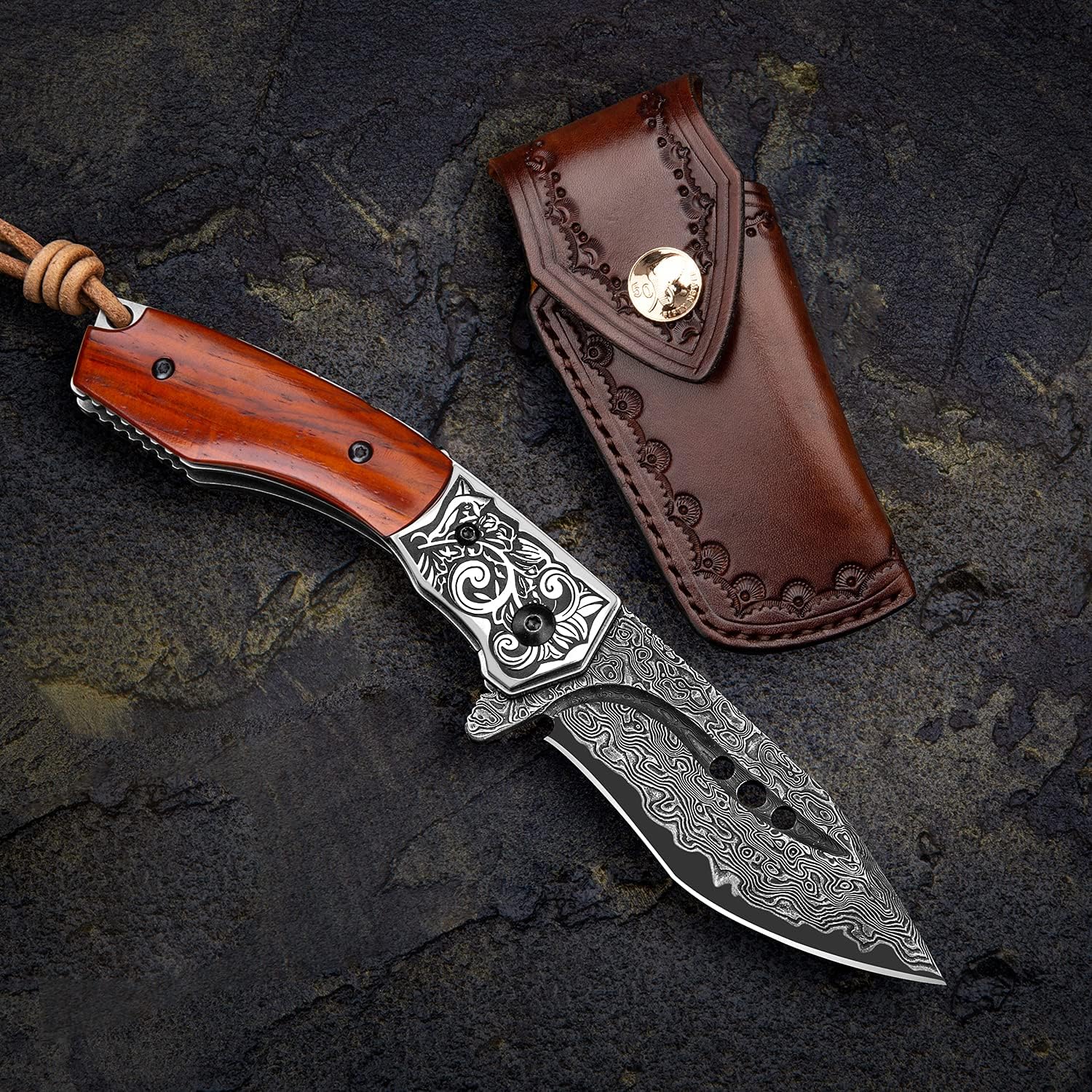 Japanese Damascus Steel Pocket Knife – 3.1in Tanto Folding Blade, Rosewood Handle Liner Lock, Leather Sheath – Handmade EDC for Men Camping