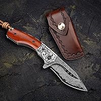Vista 4 de Cuchillo de bolsillo plegable de acero de Damasco hecho a mano con funda de cuero, mango de palisandro con bloqueo de forro, cuchillos EDC de 3.1