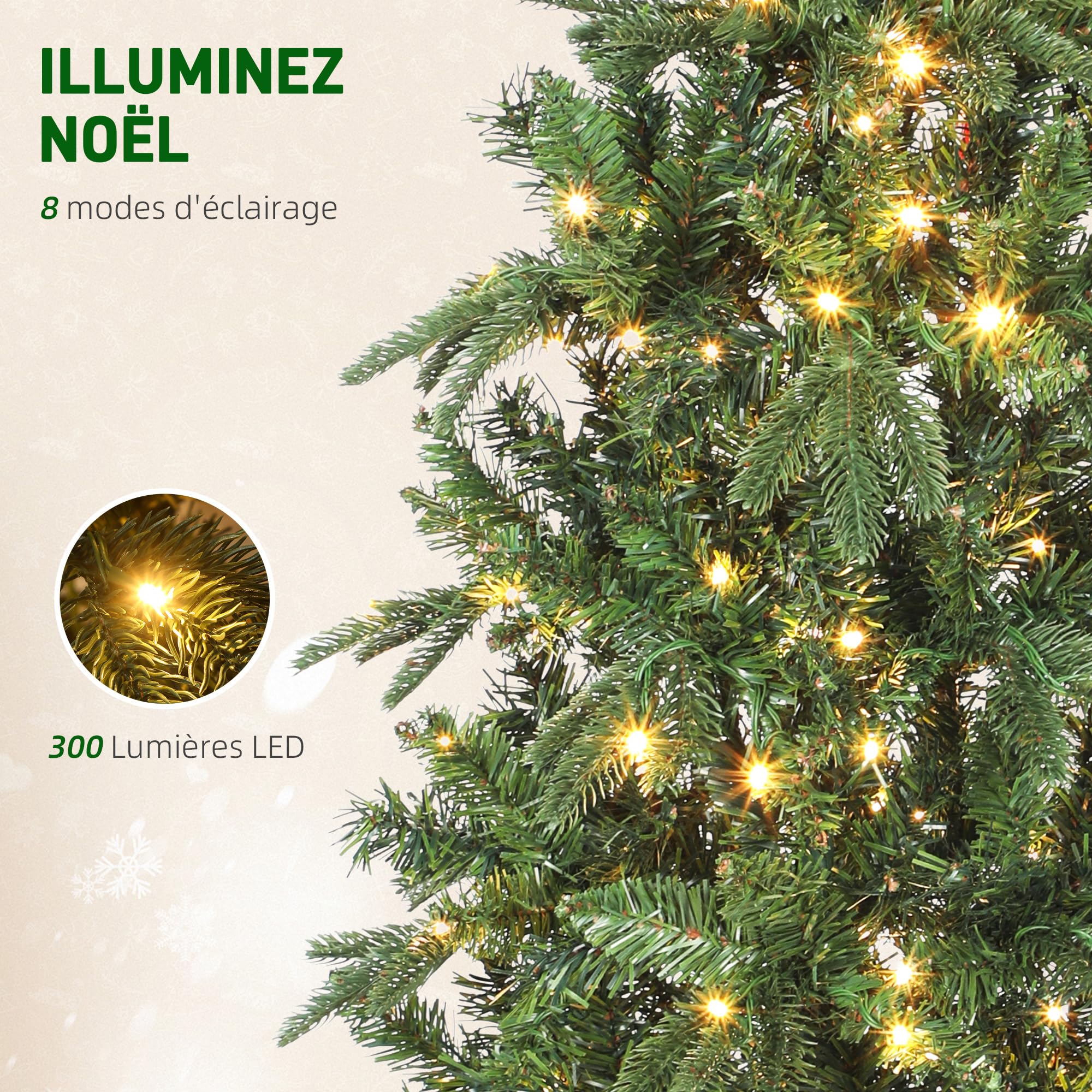 HOMCOM Sapin de Noël Artificiel 210 cm Slim, 8 Modes d’Éclairage, Vert | Lumières Blanches Chaudes, 8 Modes d'Éclairage, 826 Pointes de Branche Articulée, Support en Métal, Plastique Ignifuge
