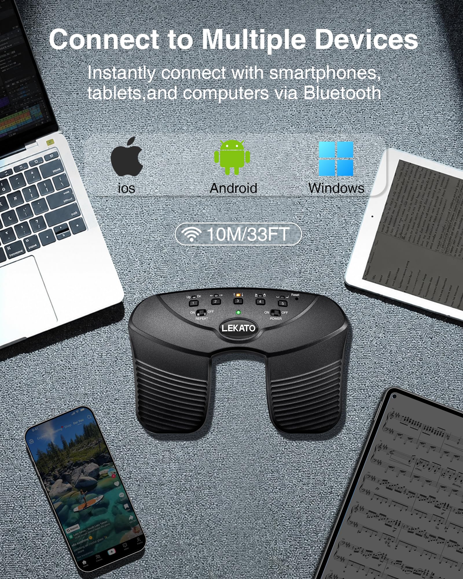 LEKATO Bluetooth Page Turning Pedale Silenzioso Partizioni Pagina Turner Pedale per Tablet e Telefono
