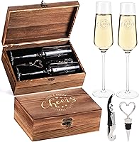 Personalized Set of 2 Couples Wedding Champagne Flutes 8oz - Custom Engraved Name Date Cheers with Wooden Box, Stopper & Corkscrew