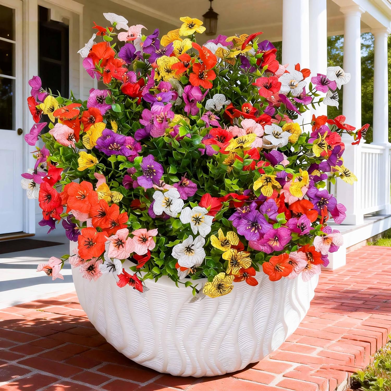 SwanMoon Artificial Flowers for Outdoors - UV Resistant Fake Silk Daisy Flowers with Eucalyptus Leaves, Faux Plastic Plants for Porch, Patio, Garden, Window Box & Home Decor, 12 Bundles