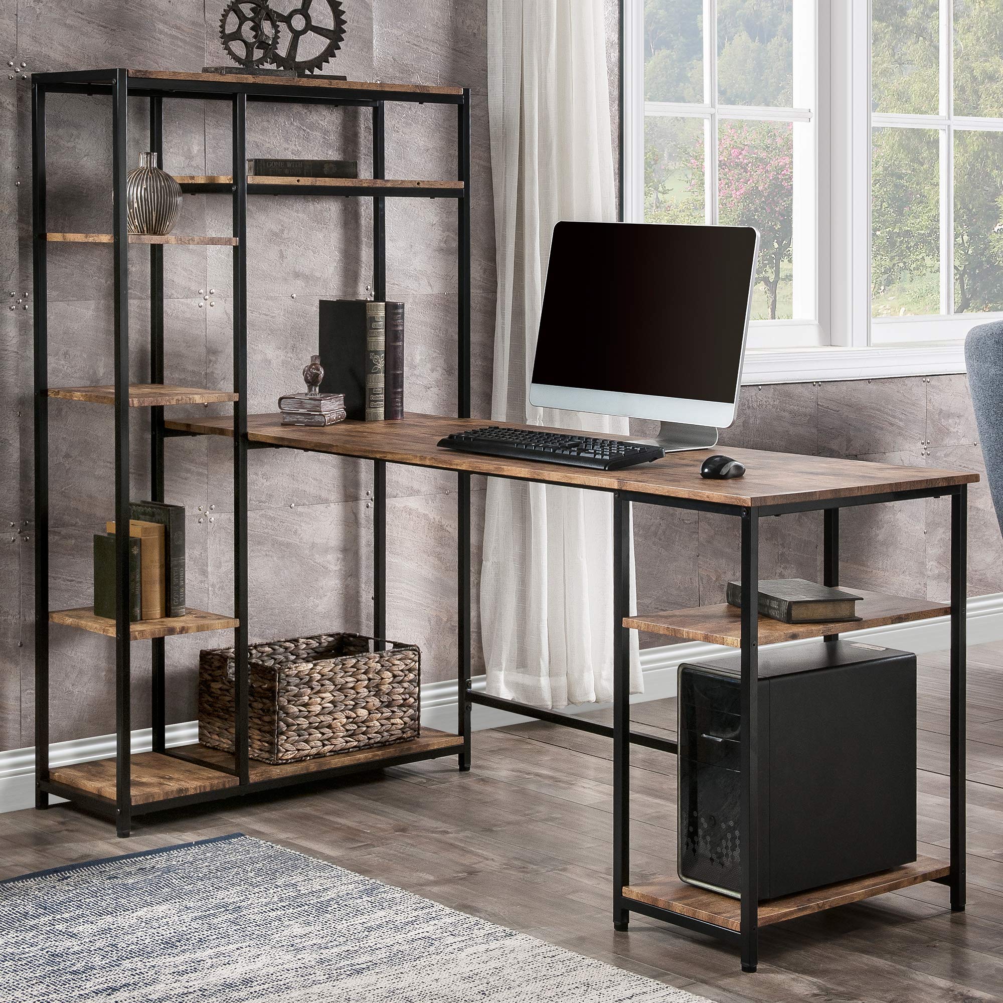 Buy Merax Large Office Desk with Bookshelf and Storage Space, LShaped