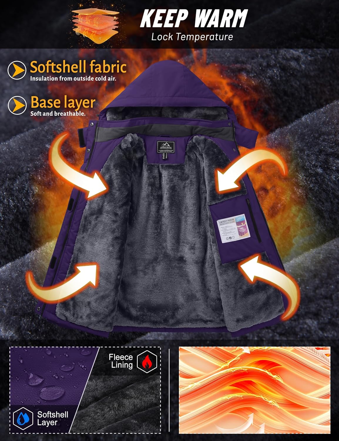 TACVASEN Women's Waterproof Winter Jacket Ski Hooded Insulated Jacket Fleece Warm Snow Outdoor Rain Windbreaker - Image 3