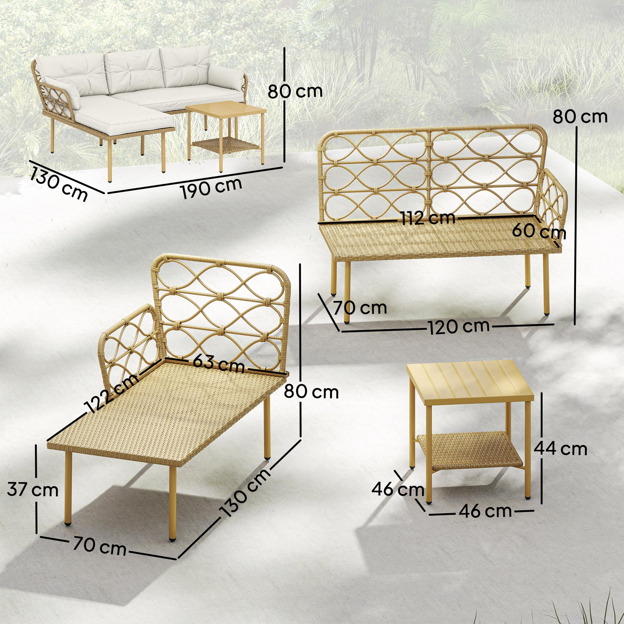 Outsunny Conjunto de Jardín de Ratán, Juego de 3 Piezas Muebles Jardín Exterior con 1 Sofá de 2 Plazas, 1 Sofá Esquinera, 1 Mesa de Centro Metálica de 2 Niveles y Cojines, Anti-UV, para Patio, Crema