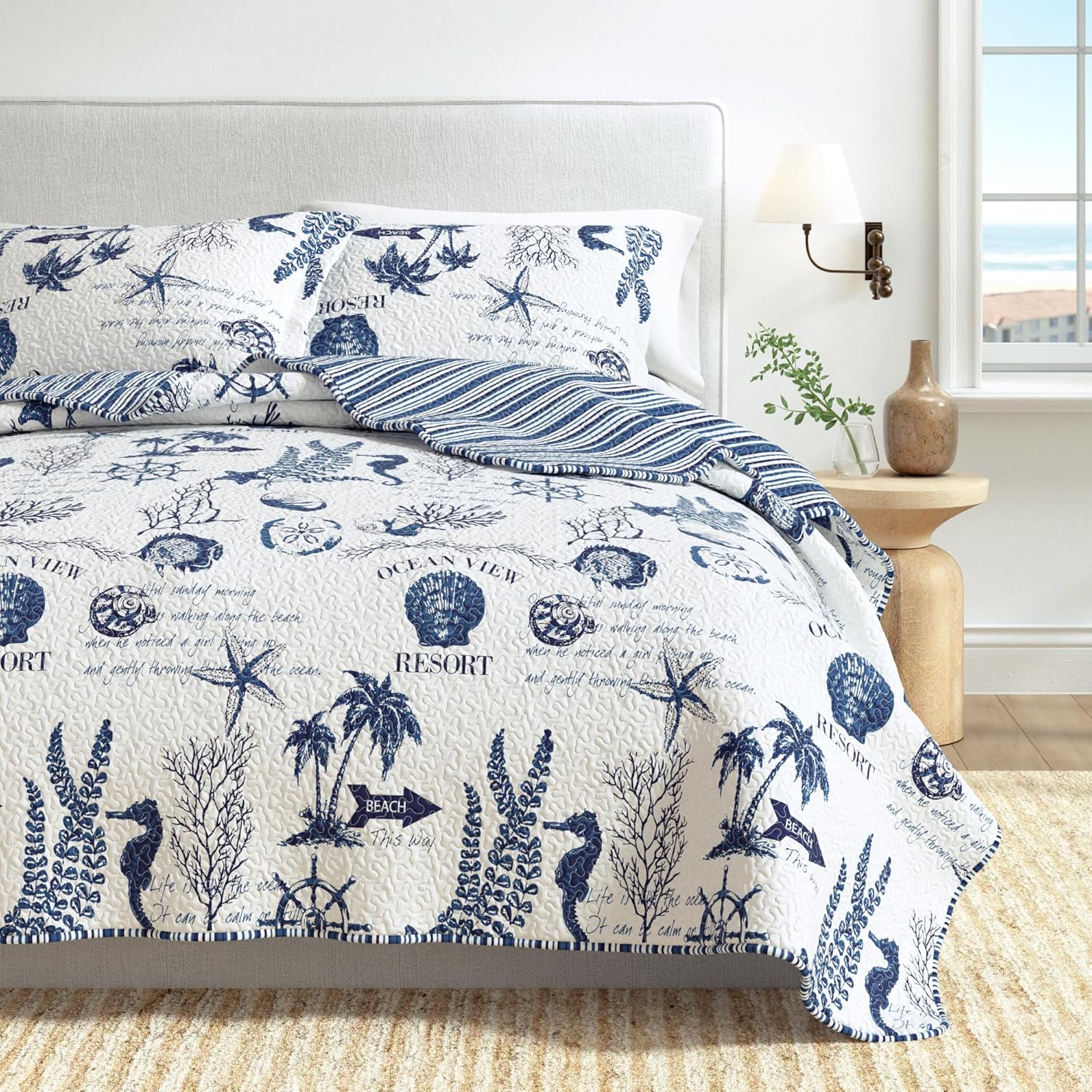 Navy Coastal Quilt Bedding Set, Summer Coastal Quilt with Shams, Beach 3-Piece Reversible All Season Bedspread Quilt Set. Lightweight Nautical Quilted Coverlet. Catalina Collection, Navy. - Image 6