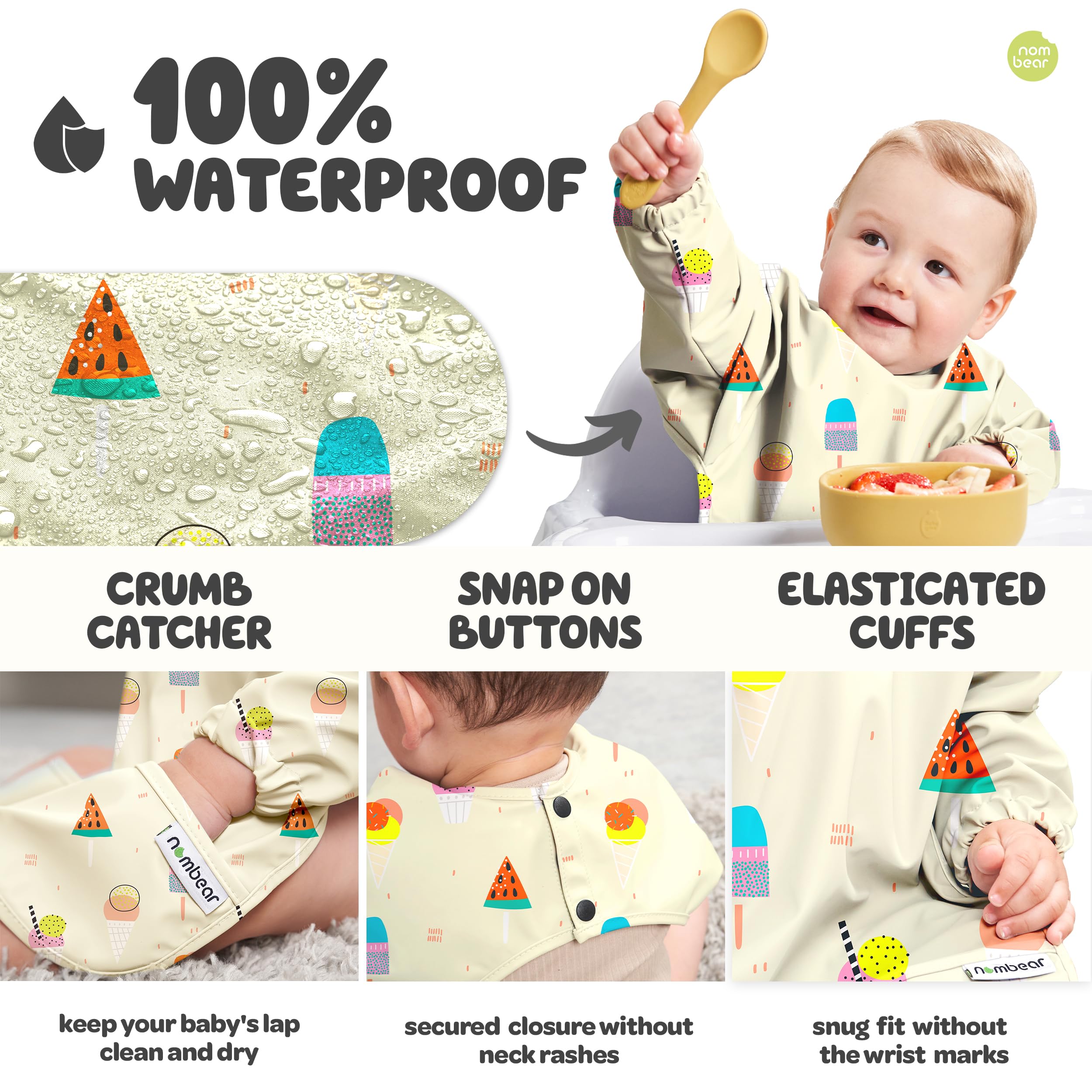 Nombear Baby Bibs with Sleeves for 6-24 Months, 1 Pack, Easy Wipe Clean, Machine Washable Baby Weaning Bib with Sleeves - Image 4