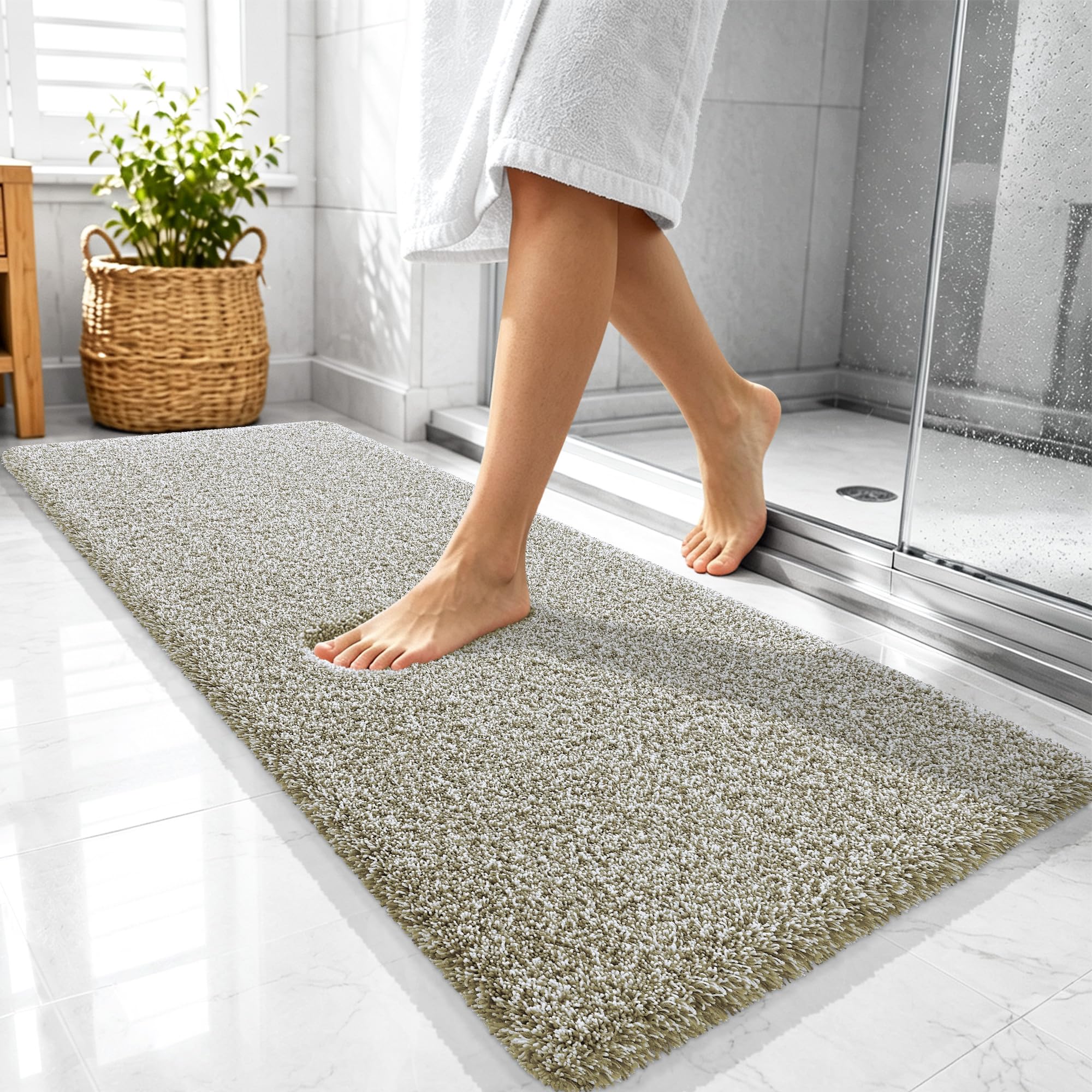 OLANLY Microfiber Bathroom Rugs 47x20, Quick Dry Mat, Moss Green and White
