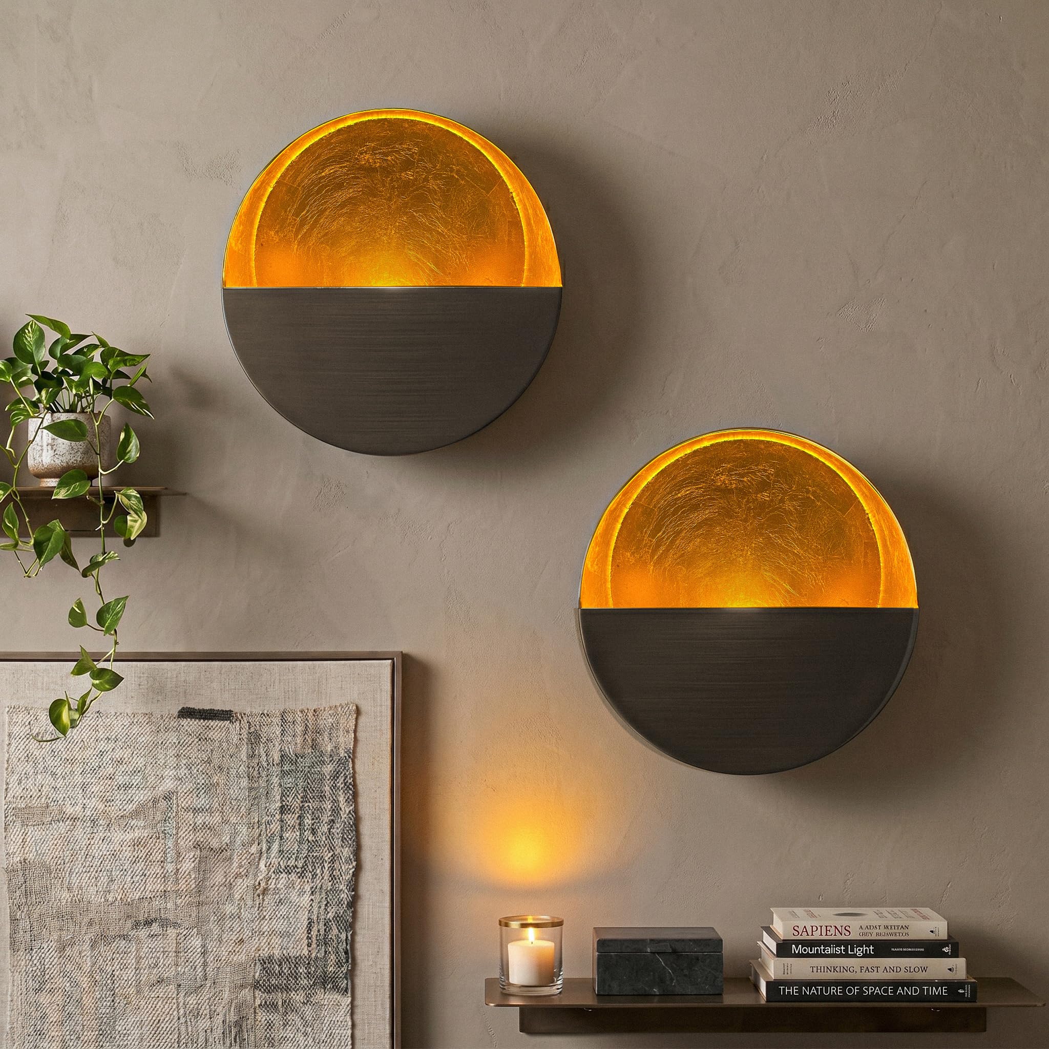 NativeSkins Eclipse - Bougeoir Mural en métal pour décoration - Lot de 2 bougeoirs décoratifs Faits à la Main pour Salon, Salle de Bain, Salle à Manger, bougeoirs de thé dorés