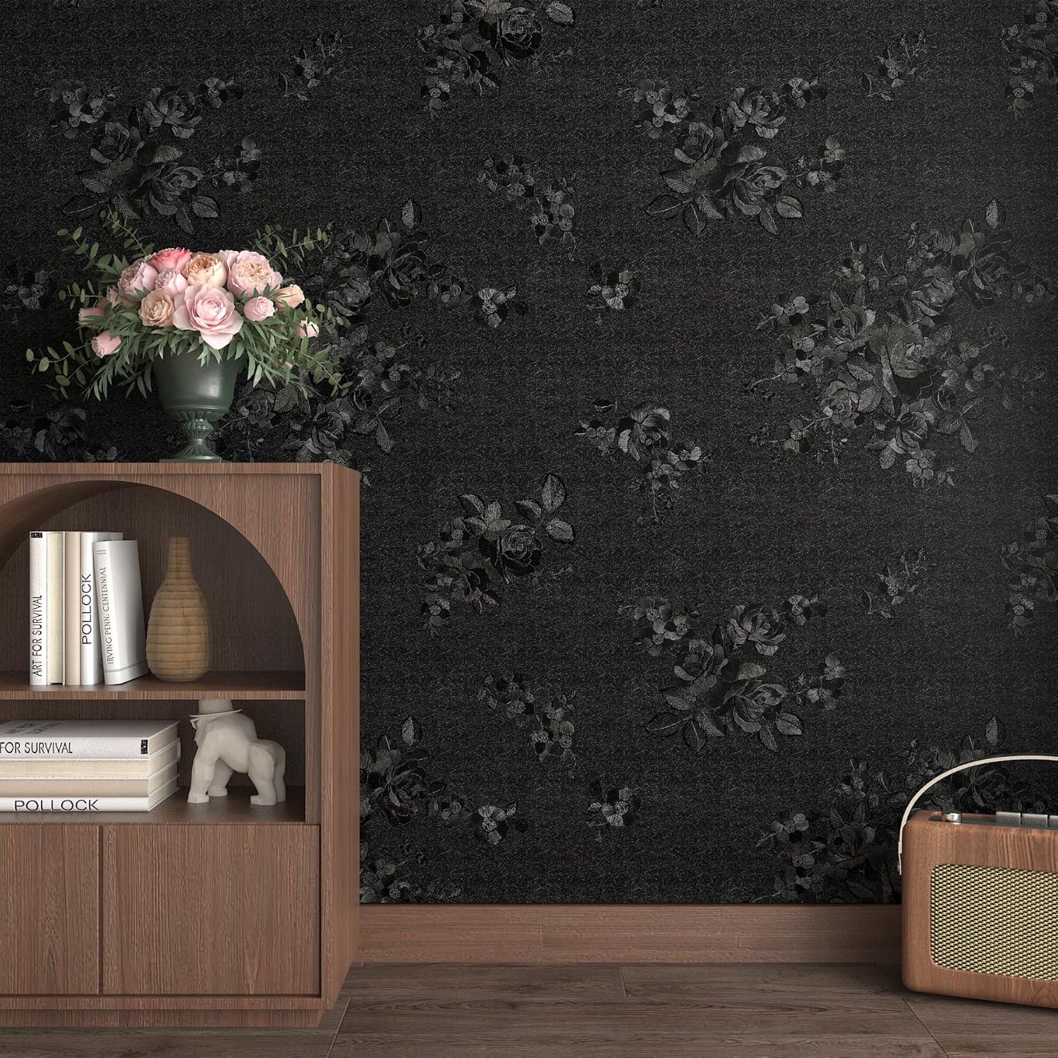 Decotalk 30"x120" Floral Embossed Wallpaper Stick and Peel Black Floral Wallpaper for Bedroom Bathroom Textured Contact Paper Peel and Stick Embossed Vinyl Wall Paper Textured Removable