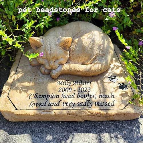 Miniatura 3 de Lápidas de jardín conmemorativas de gatos personalizables, todo el contenido es personalizable con lápidas con una estatua de gatito dormido,